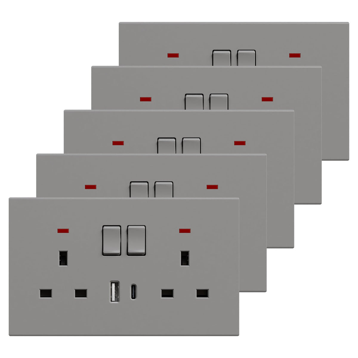 BSEED UK Standard 13A Socket with USB-C Port Electrical switch sockets Plastics Panel Power Outlets & Sockets Bseedswitch grey 5 PCS/Pack Double Socket