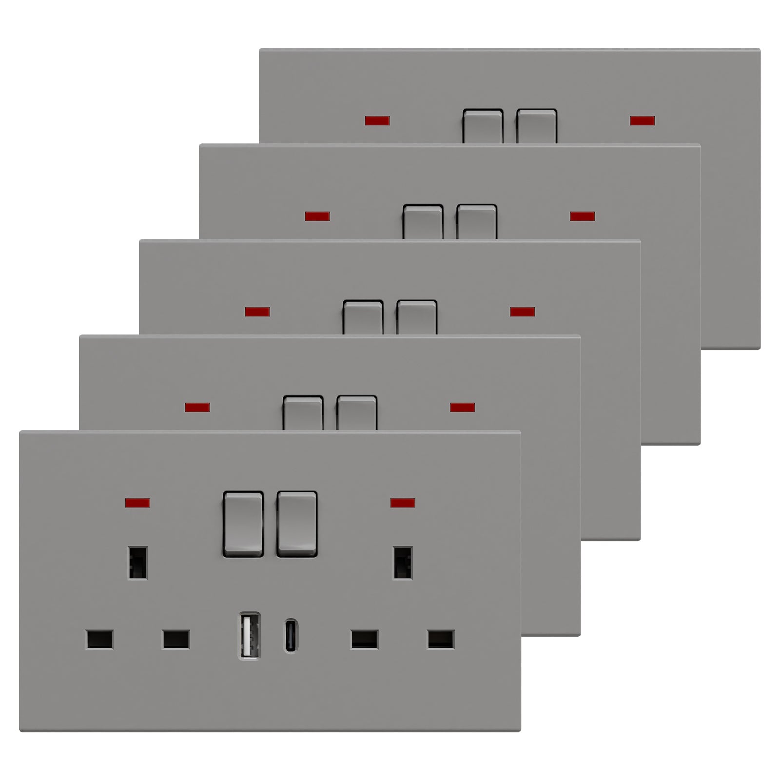 BSEED UK Standard 13A Socket with USB-C Port Electrical switch sockets Plastics Panel Power Outlets & Sockets Bseedswitch grey 5 PCS/Pack Double Socket