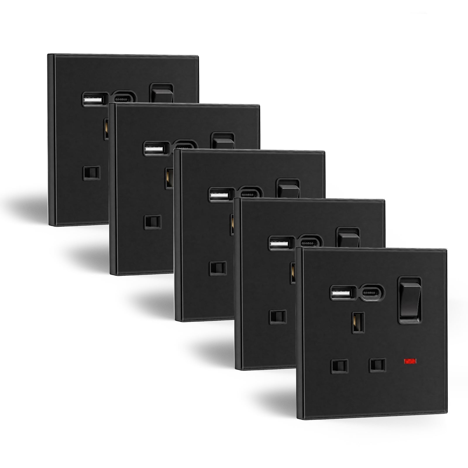 Tomada BSEED Série C6 Padrão Reino Unido 13A com Porta USB-C, Tomadas e Interruptores, Bseedswitch, preta, 5 unidades/embalagem, tomada simples