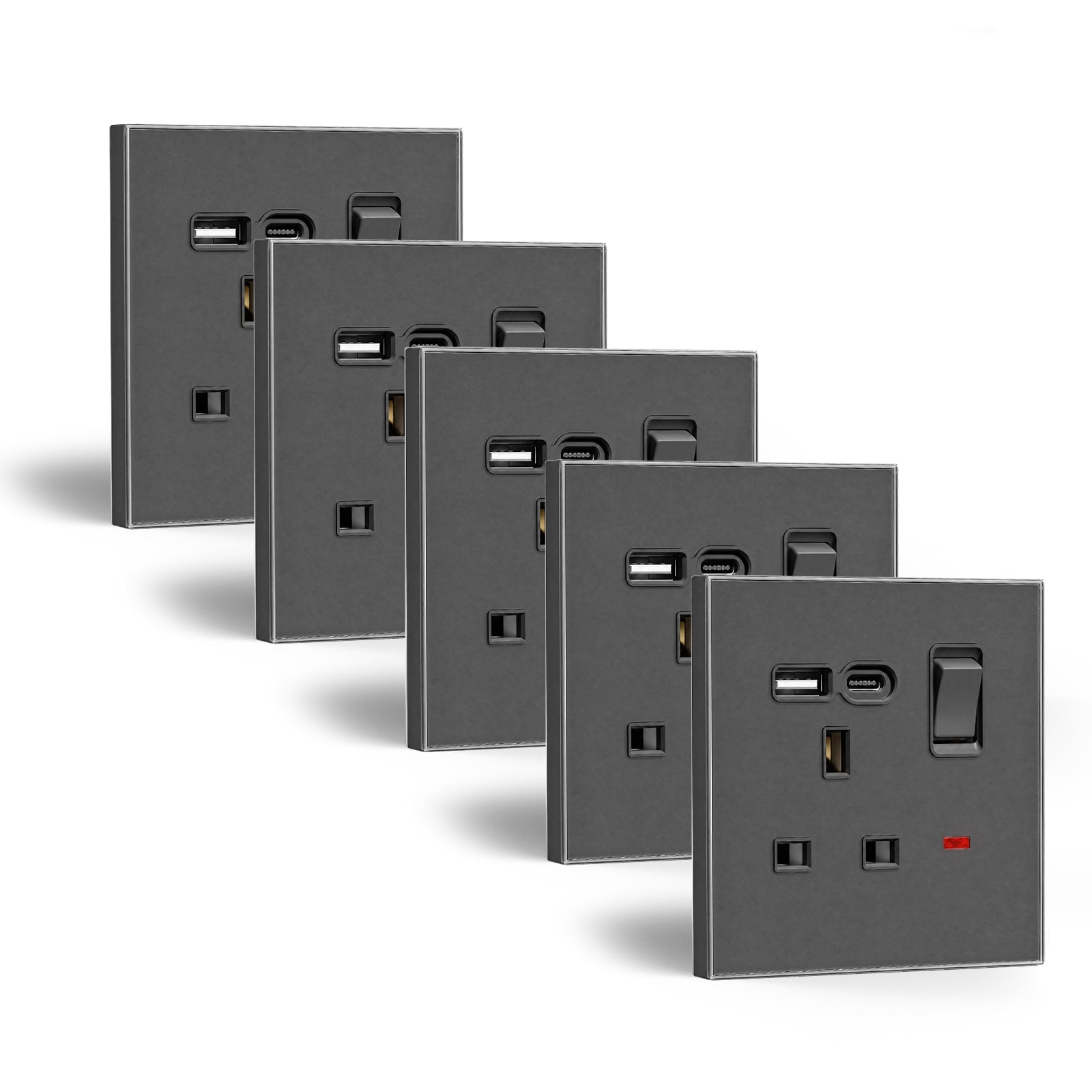 Tomada de 13A padrão Reino Unido da série BSEED C6 com porta USB-C, tomadas e interruptores, cinzento, pacote de 5 unidades, tomada simples