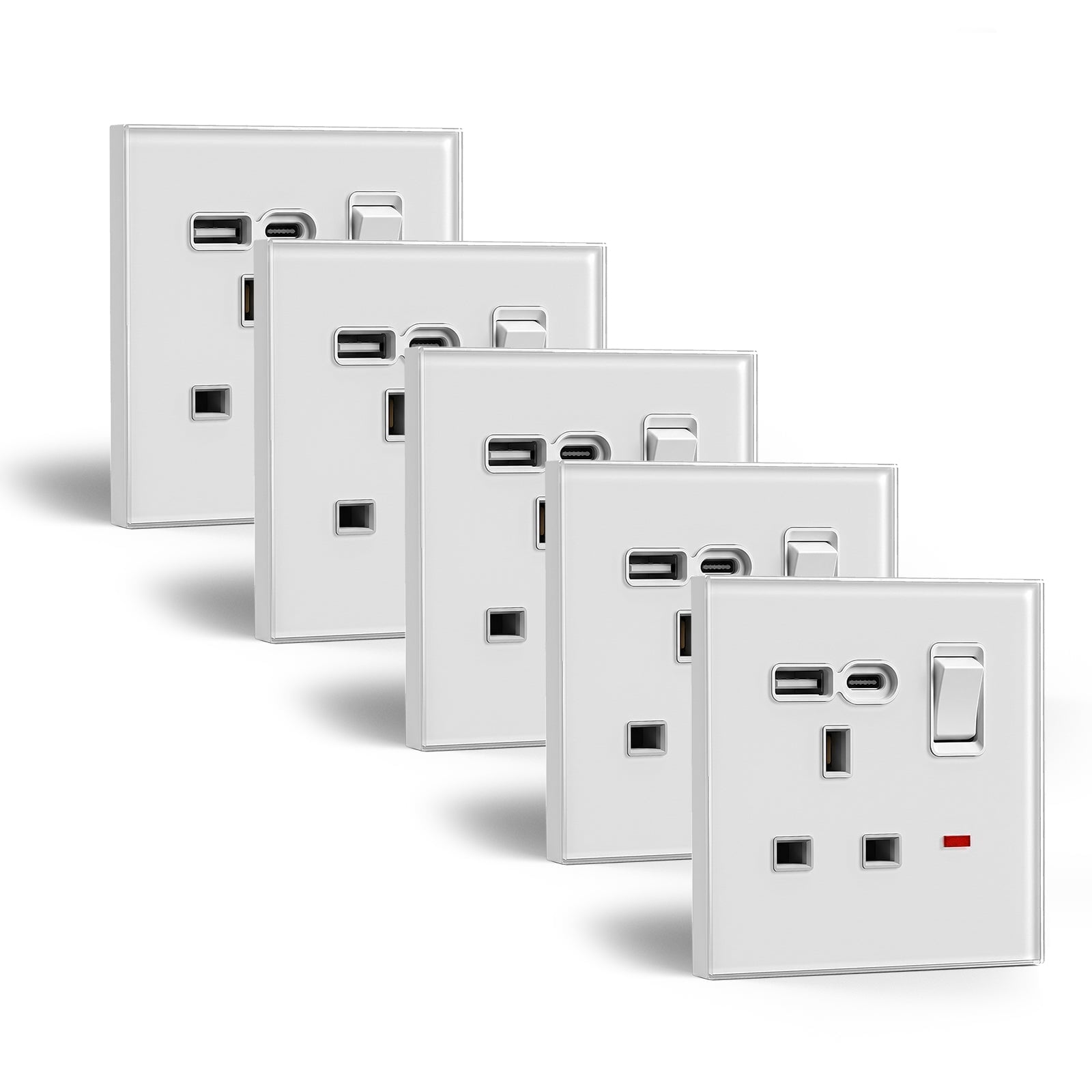 Tomada de 13A padrão Reino Unido da série BSEED C6 com porta USB-C, tomadas e interruptores, cor branca, pacote de 5 unidades, tomada simples