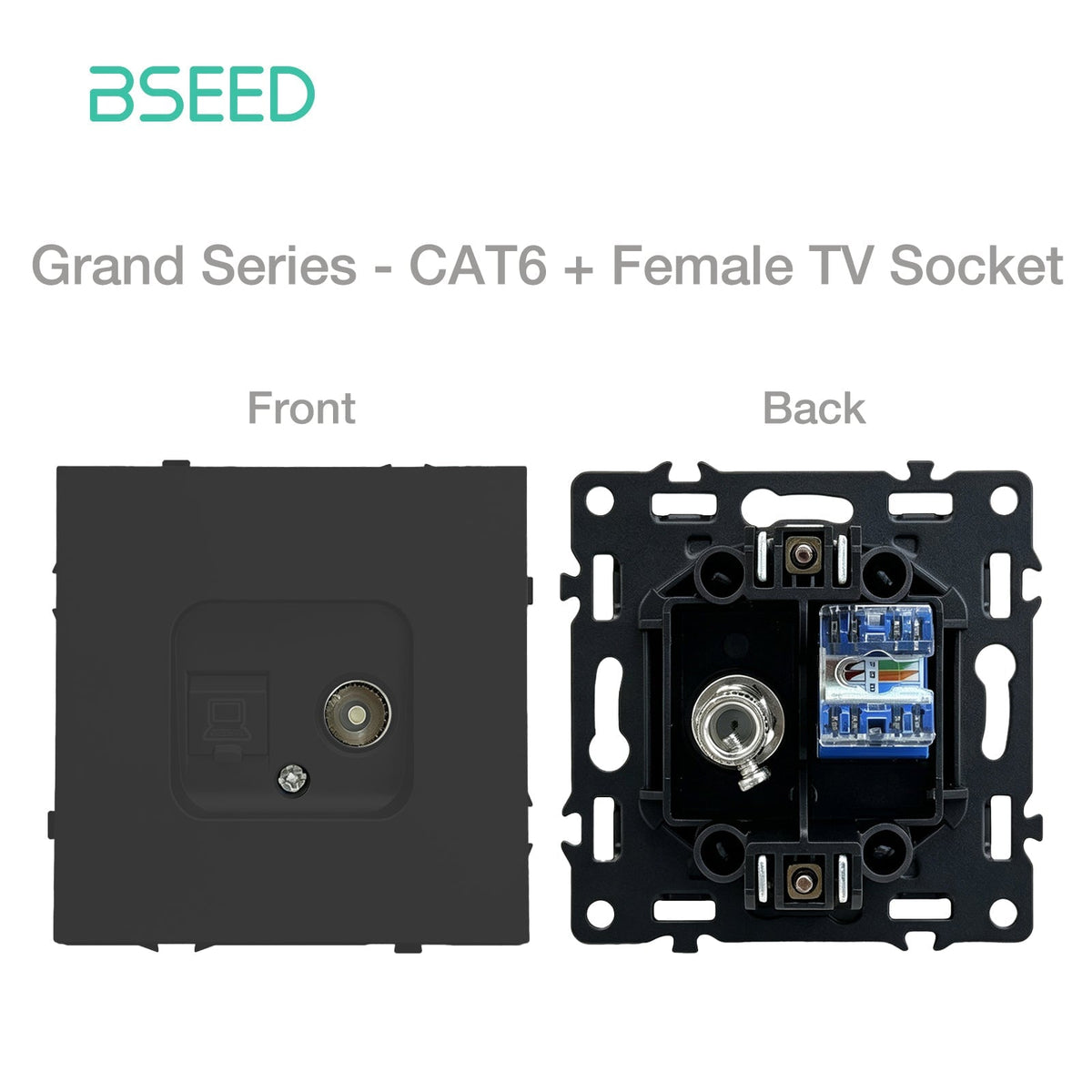 Grand Series DIY Part Customized free combinations Plastic Panels Black Color Power Outlets & Sockets Bseedswitch Internet CAT6 with Female Television Socket 