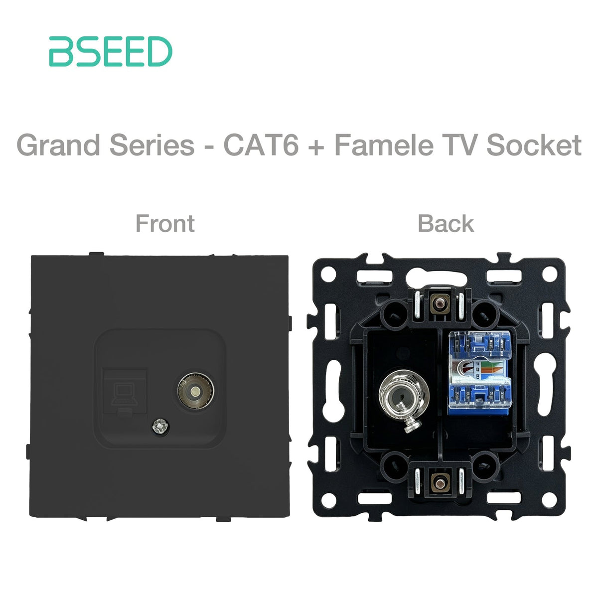 Grand Series DIY Part Customized free combinations Plastic Panels Black Color Power Outlets & Sockets Bseedswitch Internet CAT6 with Female Television Socket 