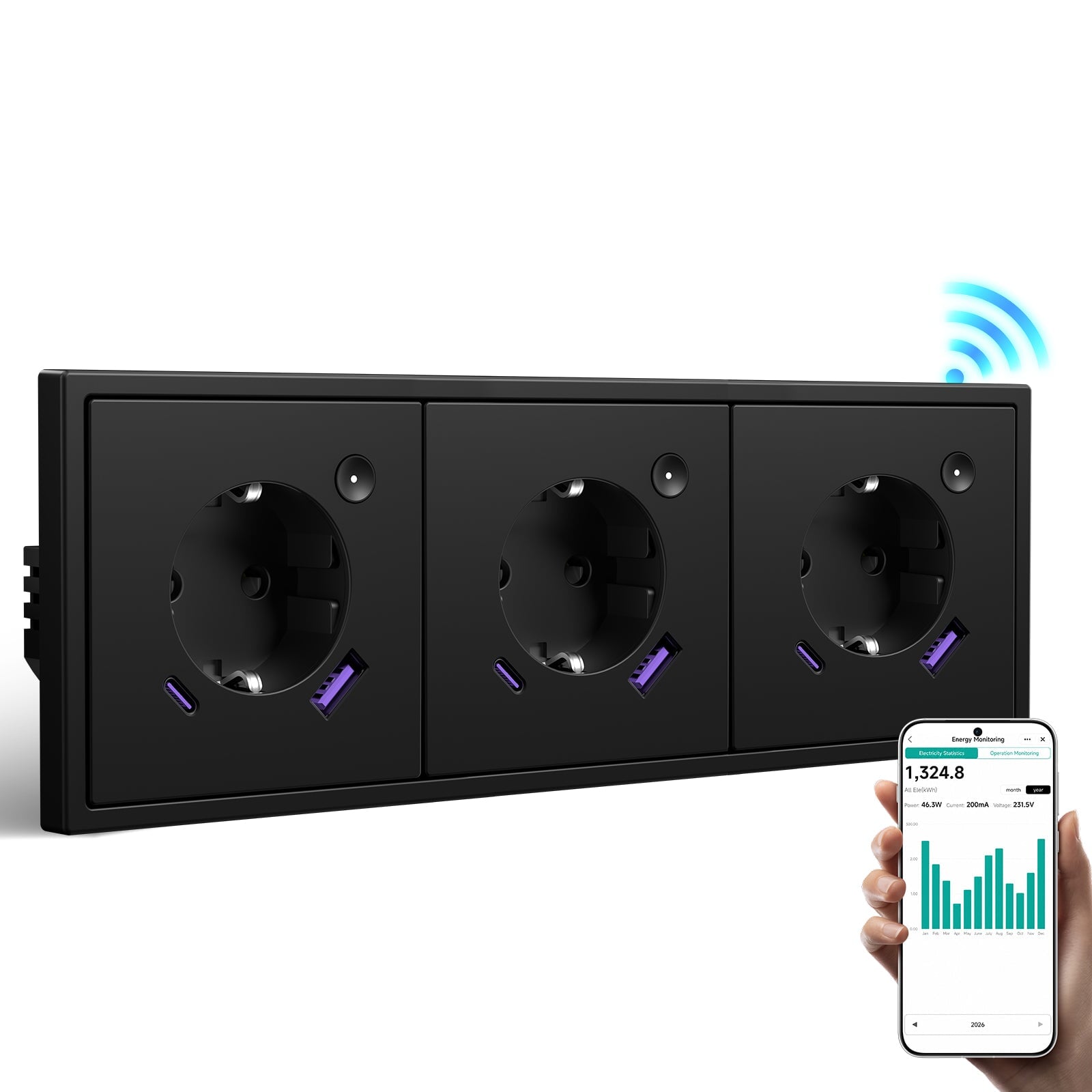 BSEED Grand Smart Wifi Socket With Energy Monitoring 20W USB-C Port Eu Socket Work with Alexa Google Power Outlets & Sockets Bseed official Black Triple 