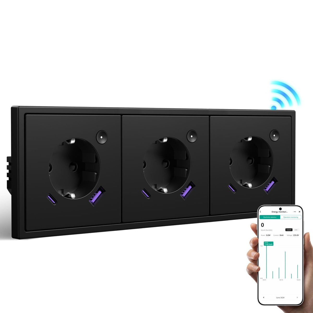 Prise intelligente Wi-Fi BSEED avec suivi de consommation, port USB-C 20W, prise européenne compatible Alexa et Google Home, triple prise noire officielle Bseed 