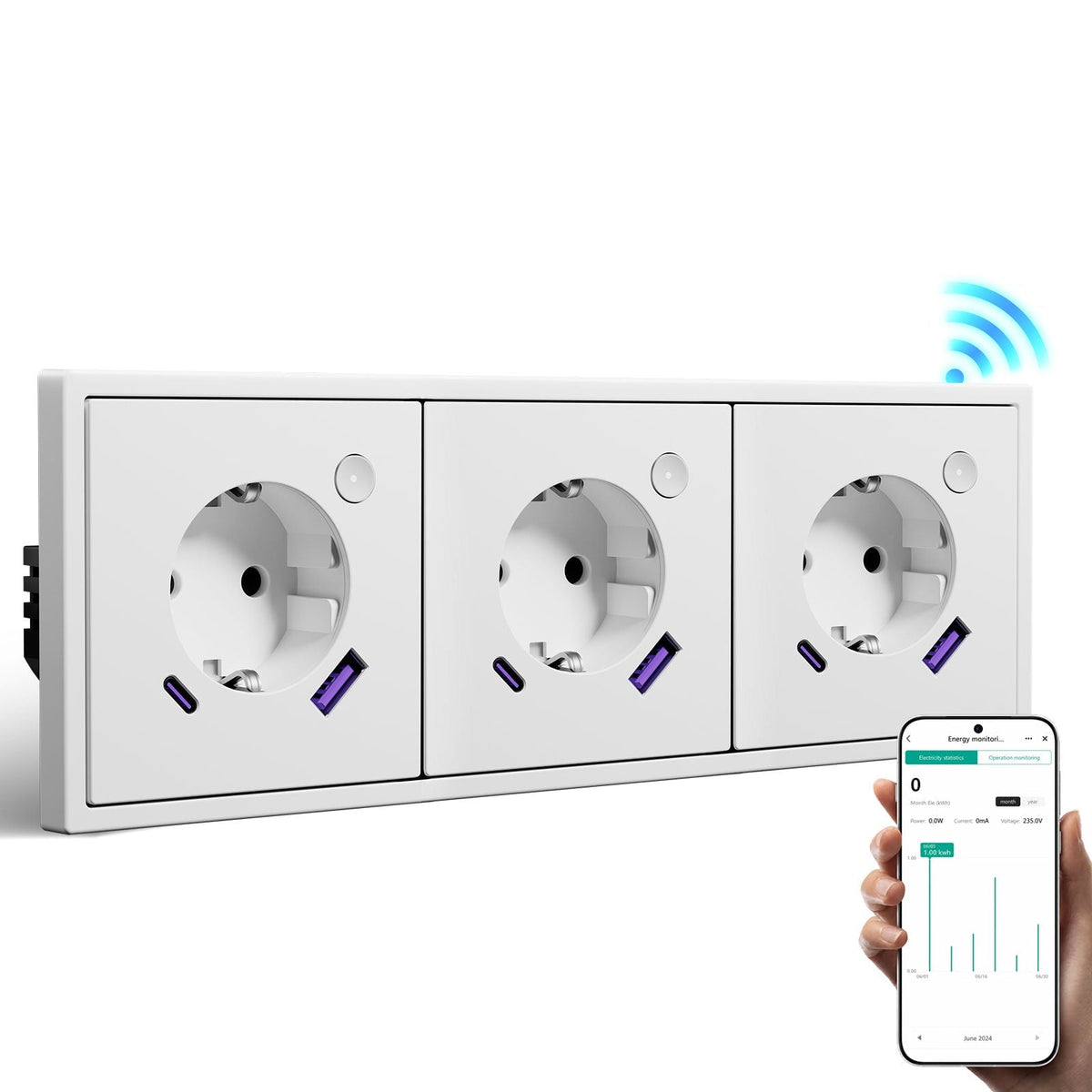 Prise murale intelligente Wi-Fi BSEED avec suivi de consommation, port USB-C 20W, compatible Alexa et Google Home, triple prise européenne, blanc, officiel Bseed 