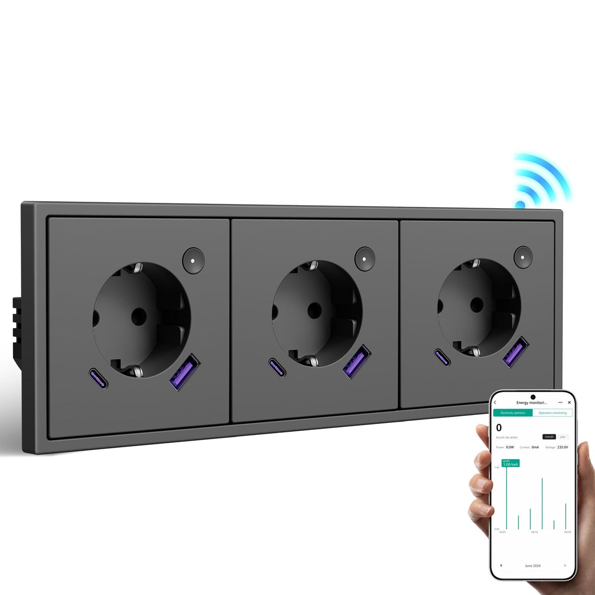 Prise intelligente Wi-Fi BSEED avec suivi de consommation, port USB-C 20W, compatible Alexa et Google Home, triple prise murale européenne, gris, officiel Bseed 