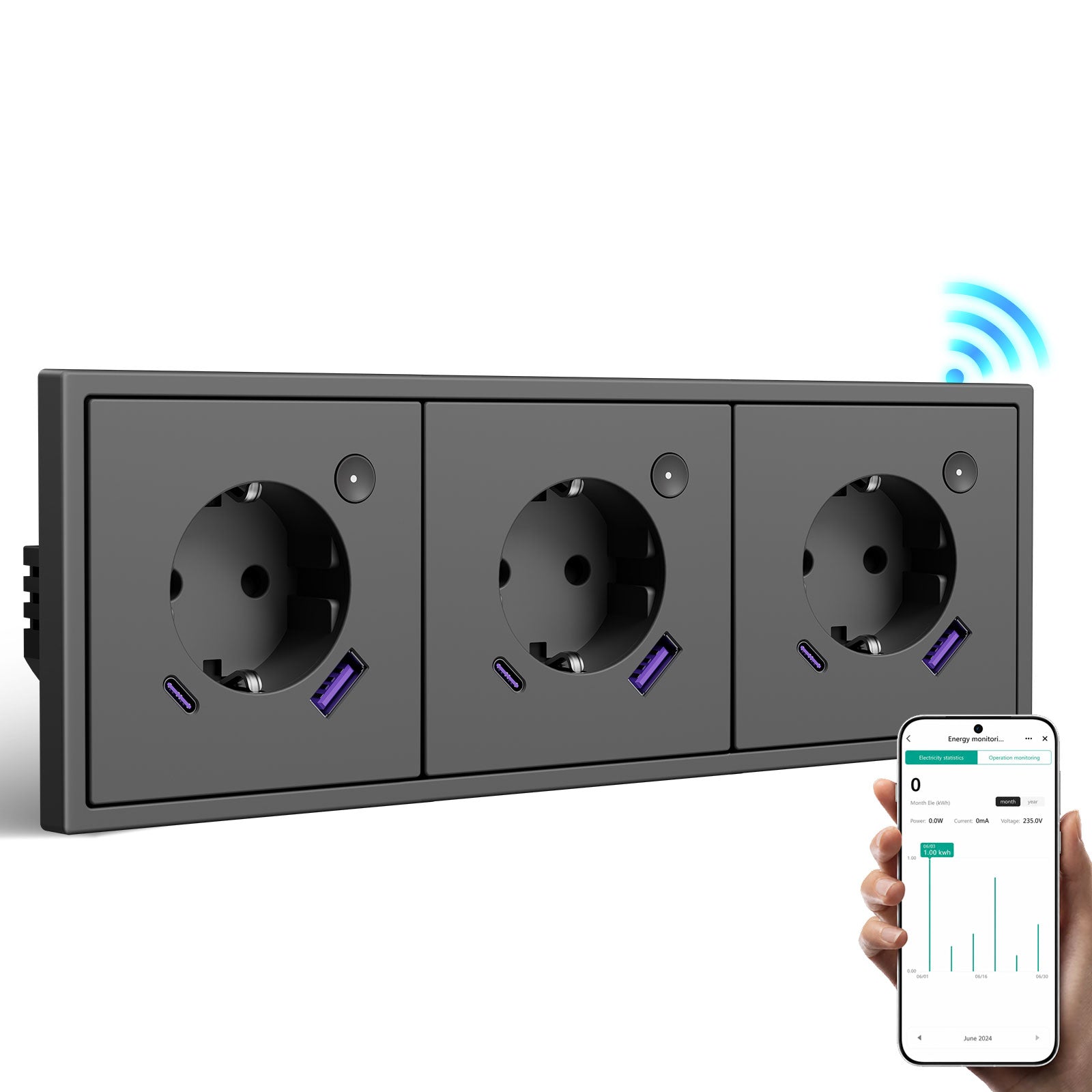 BSEED Intelligente WLAN-Steckdose mit Energiemessung, 20W USB-C Anschluss, EU-Steckdose, kompatibel mit Alexa & Google Home