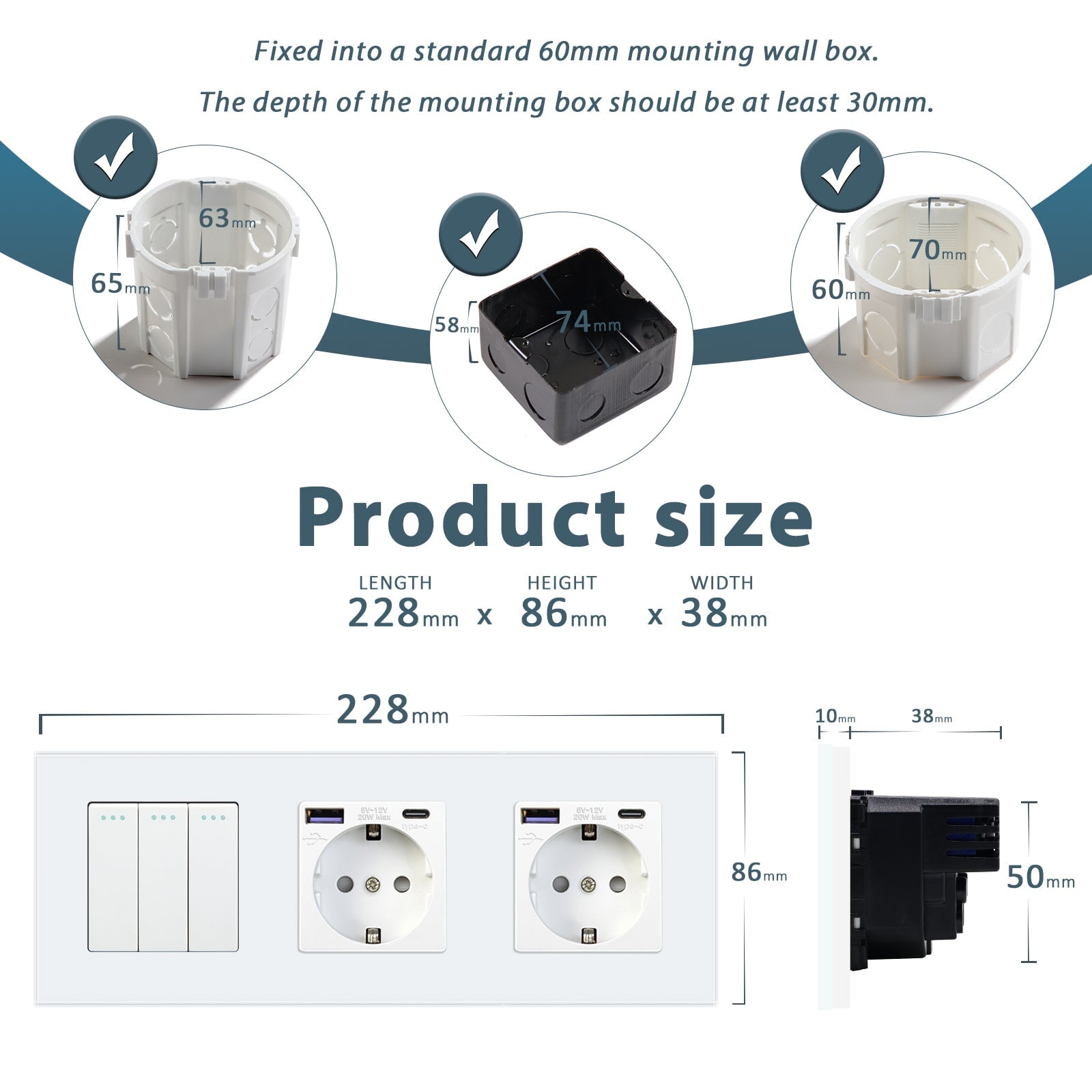 JIMEIDA dubbel stopcontact in grijs, 16Amp glazen Schuko-stopcontacten met snelladen USB-aansluiting max. 2,1A, inbouw geaard stopcontact - 157 * 86mm, 250V JIMEIDA dubbel stopcontact in grijs, 16Amp glazen Schuko-stopcontacten met snelladen USB-aansluiting max. 2,1A, inbouw geaard stopcontact - 157 * 86mm, 250V