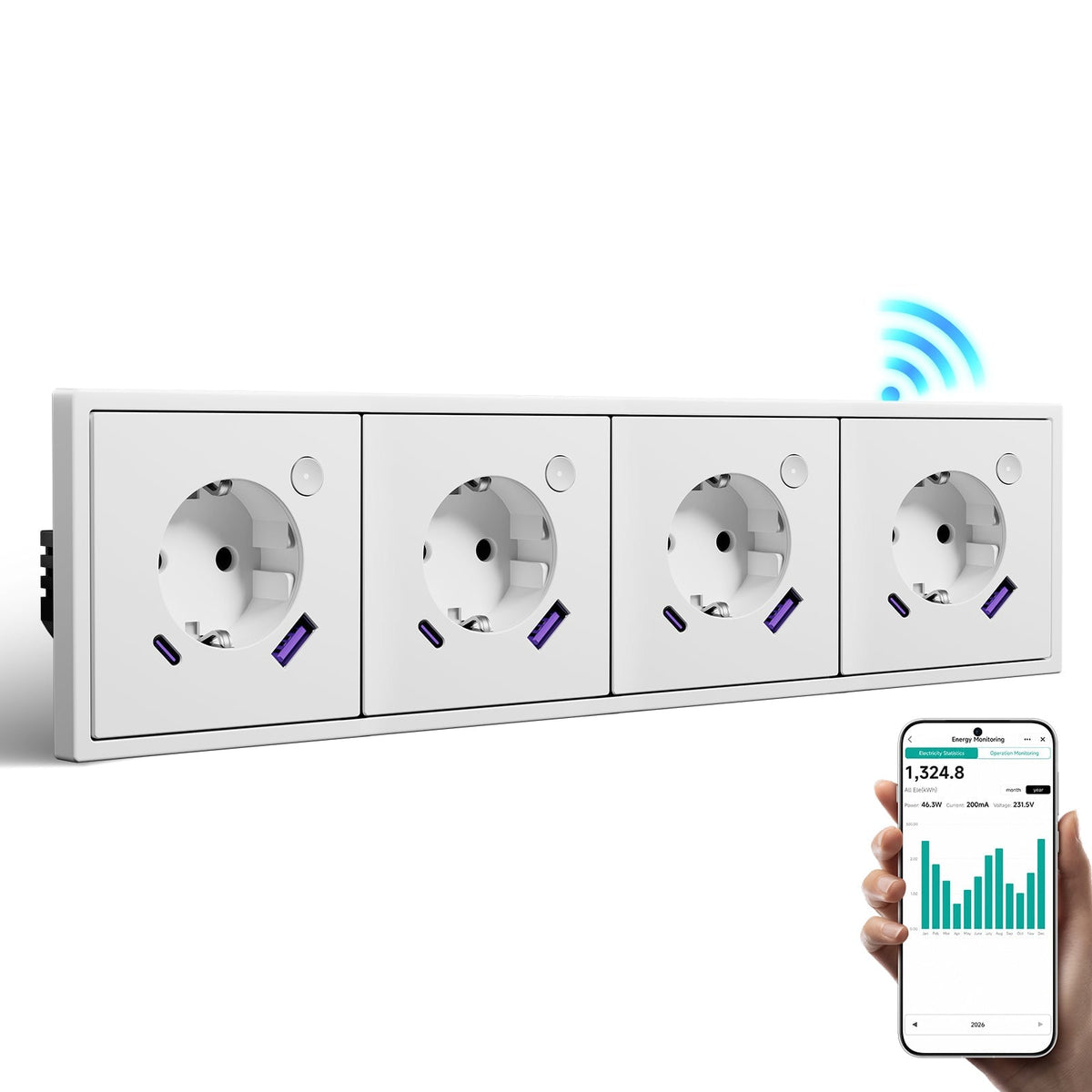 BSEED Grand Smart Wifi Socket With Energy Monitoring 20W USB-C Port Eu Socket Work with Alexa Google Power Outlets & Sockets Bseed official White Quadruple 