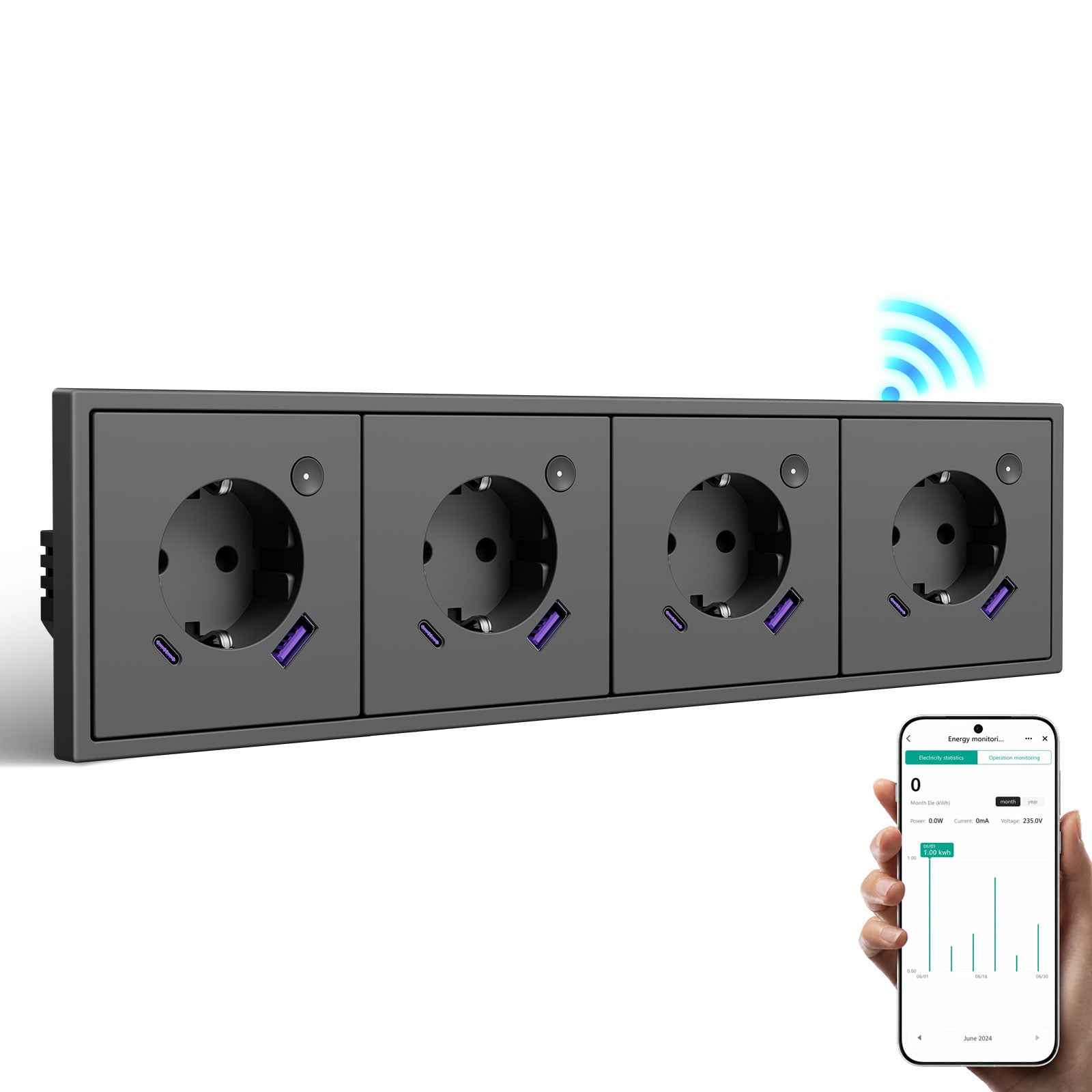 BSEED Intelligente WLAN-Steckdose mit Energiemessung, 20W USB-C Anschluss, EU-Steckdose, kompatibel mit Alexa & Google Home