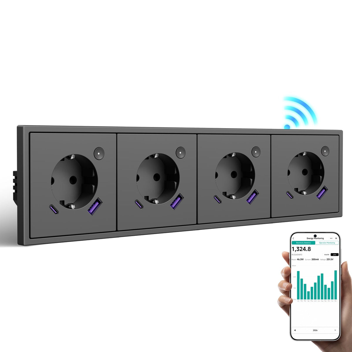BSEED Grand Smart Wifi Socket With Energy Monitoring 20W USB-C Port Eu Socket Work with Alexa Google Power Outlets & Sockets Bseed official Grey Quadruple 
