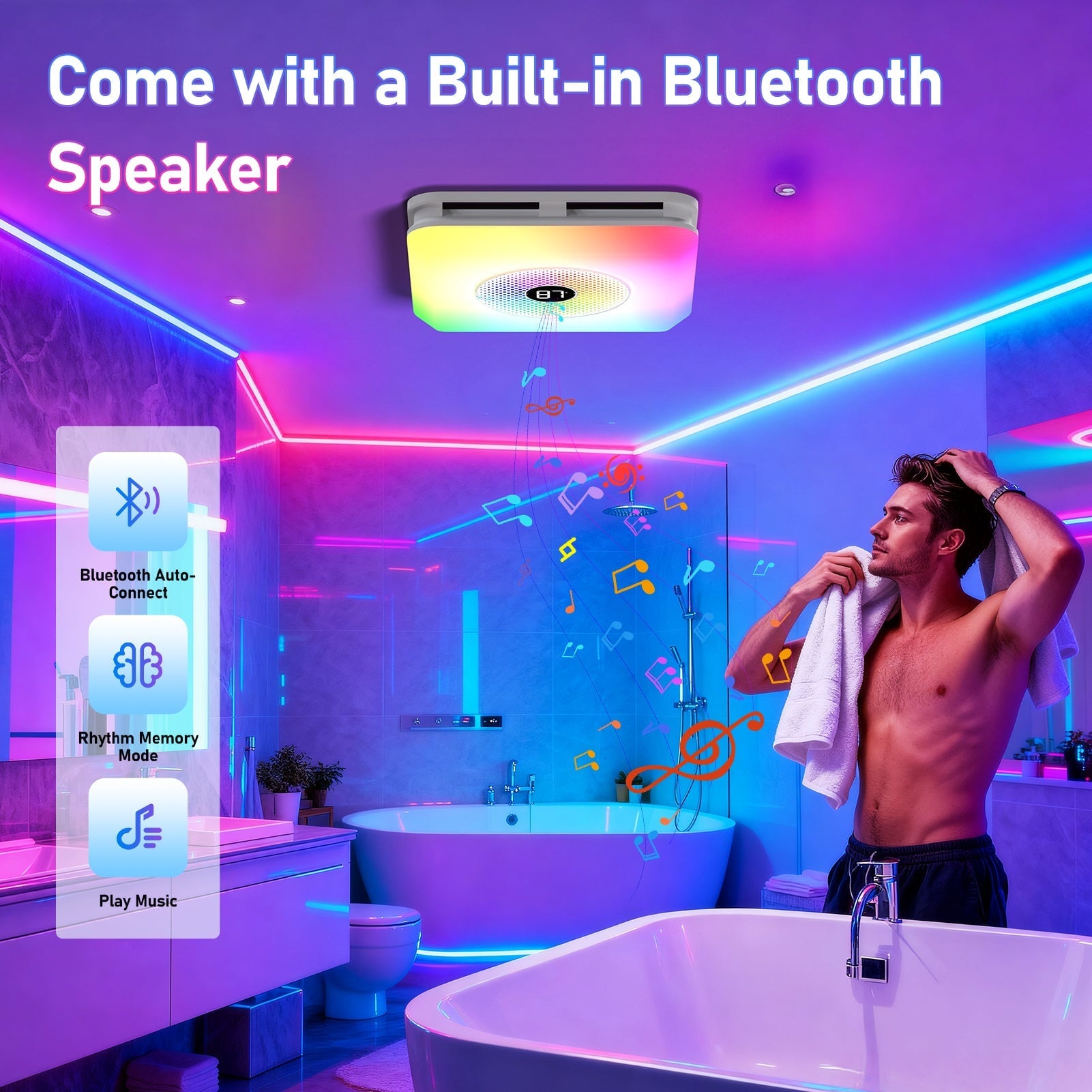 BSEED US Standards Bluetooth Ceiling/ Wall Mount Bathroom Exhaust Fan For Bathroom 230 CFM 1.5 Sone LED Light Ventilation Fans Bseed official 