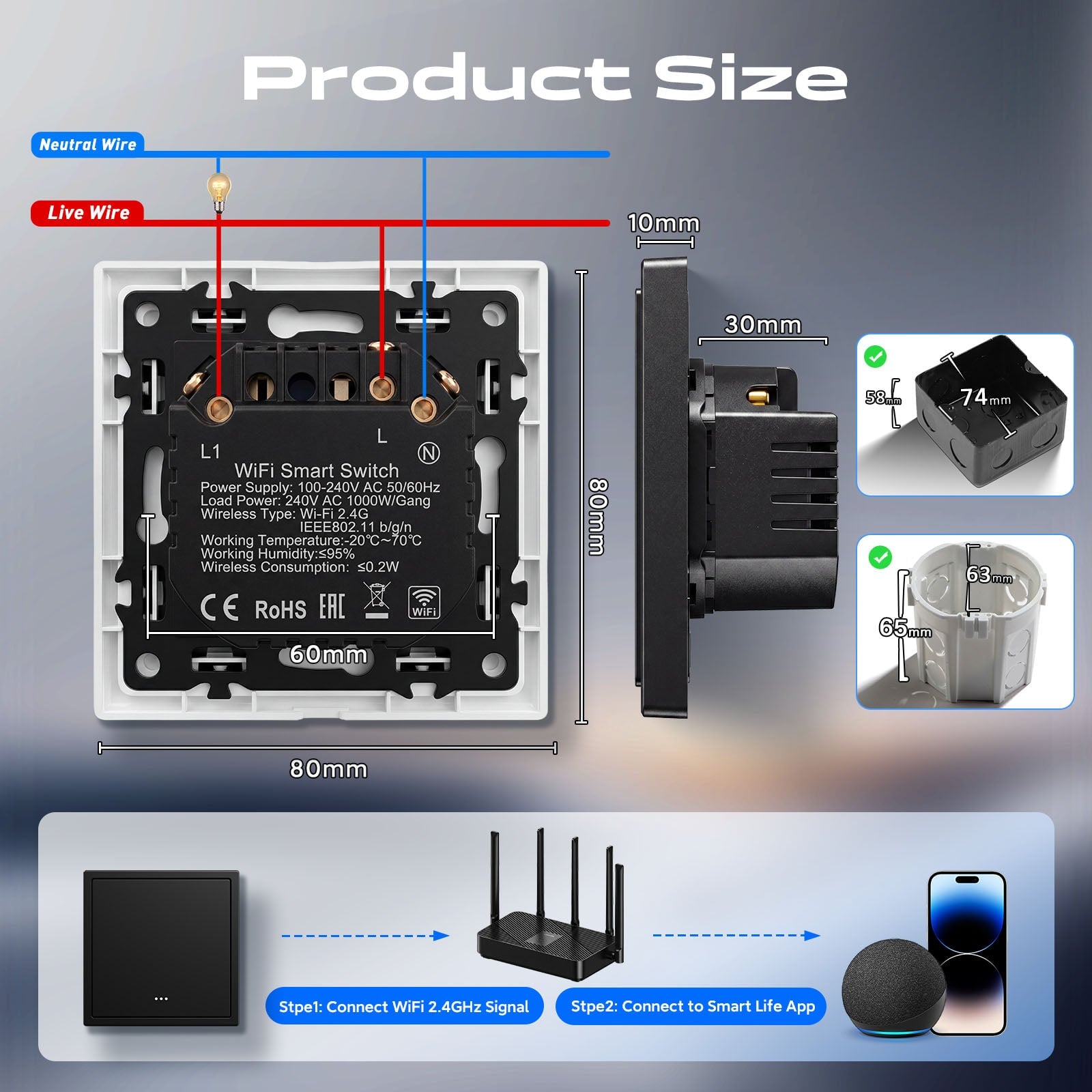 BSEED Gand Series Smart Wifi Light Switch (With Neutral) Recessed light switches with indicator light Light Switches Bseedswitch 