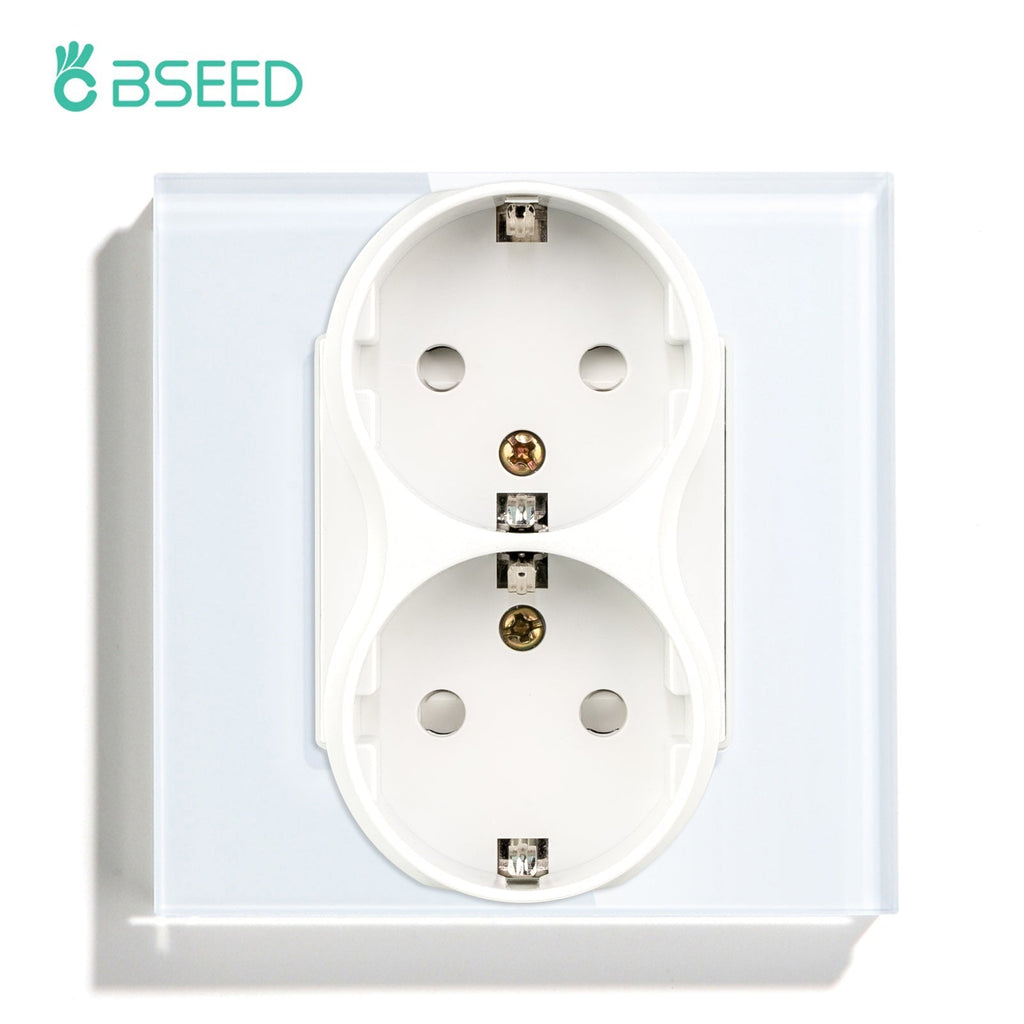 BSEED EU Double Sockets Power Wall Outlet Home Wall Power Sockets Glass Panel Power Outlets & Sockets Bseedswitch White Single 