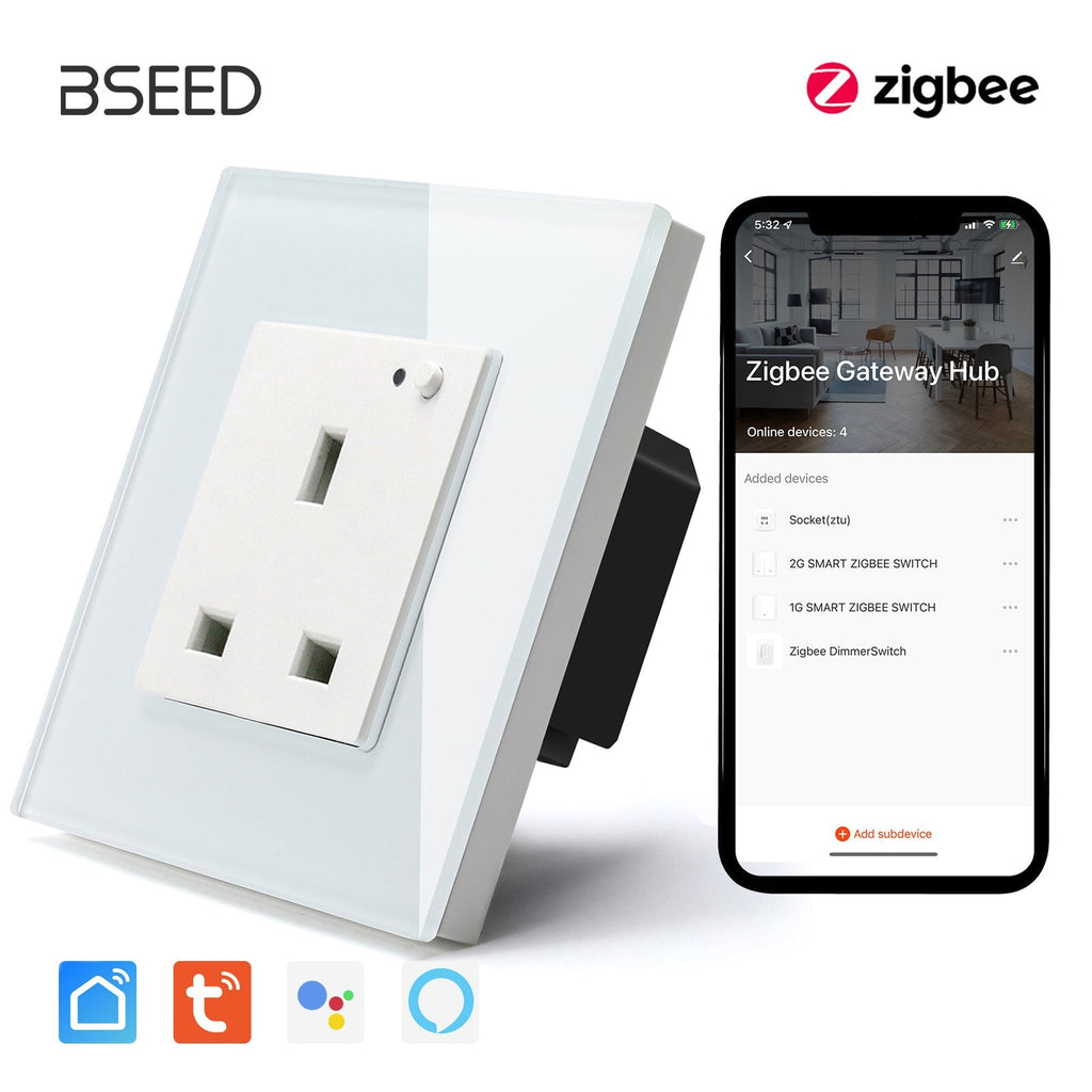 BSEED ZigBee UK Wall Sockets Power Outlets Kids Protection Wall Plates & Covers Bseedswitch white Signle 