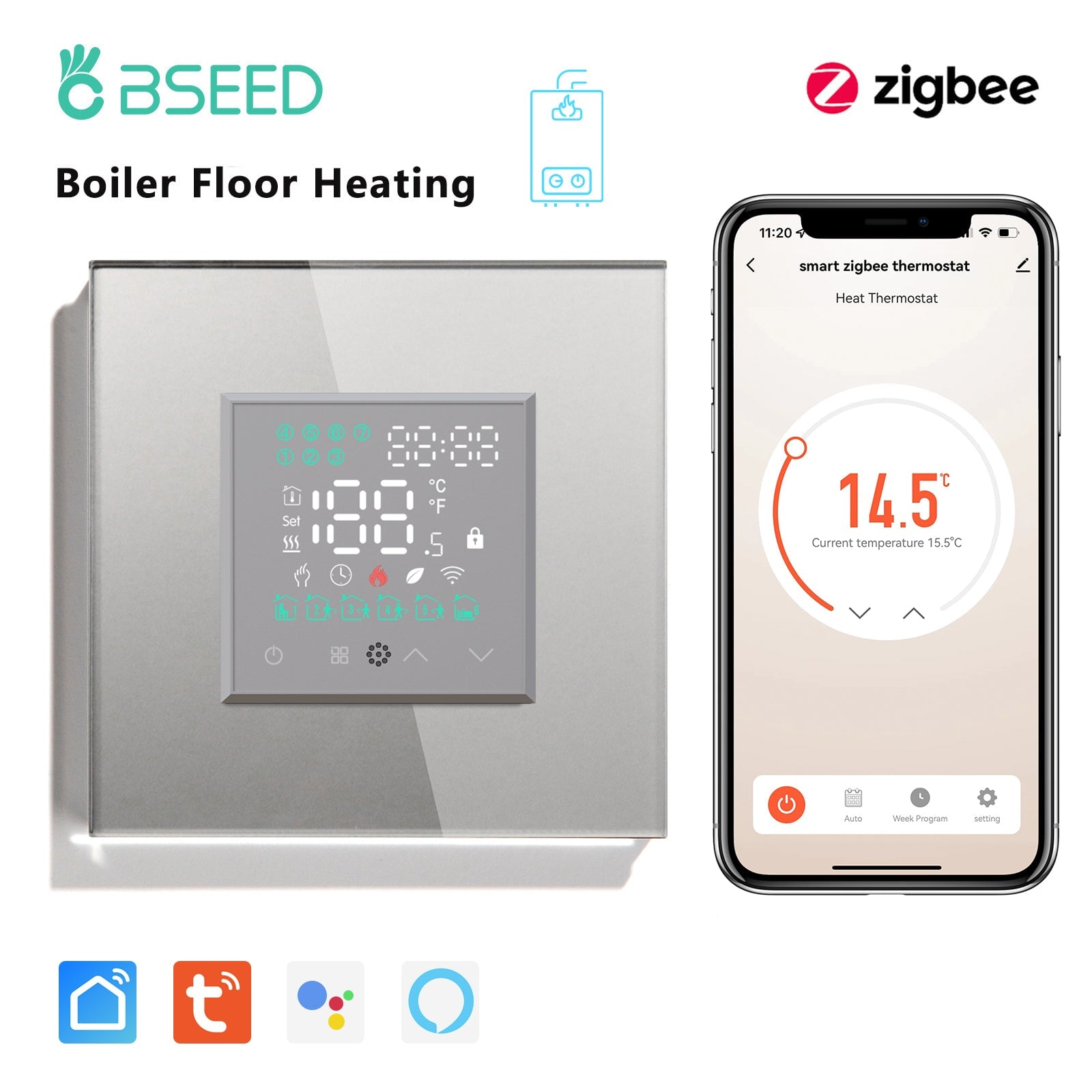 BSEED ZigBee Touch LED Screen Electric Floor Heating ZigBee Water Boiler Room Thermostat Alexa Google App Temperature Controller Backlight Thermostats Bseedswitch Grey Boiler 