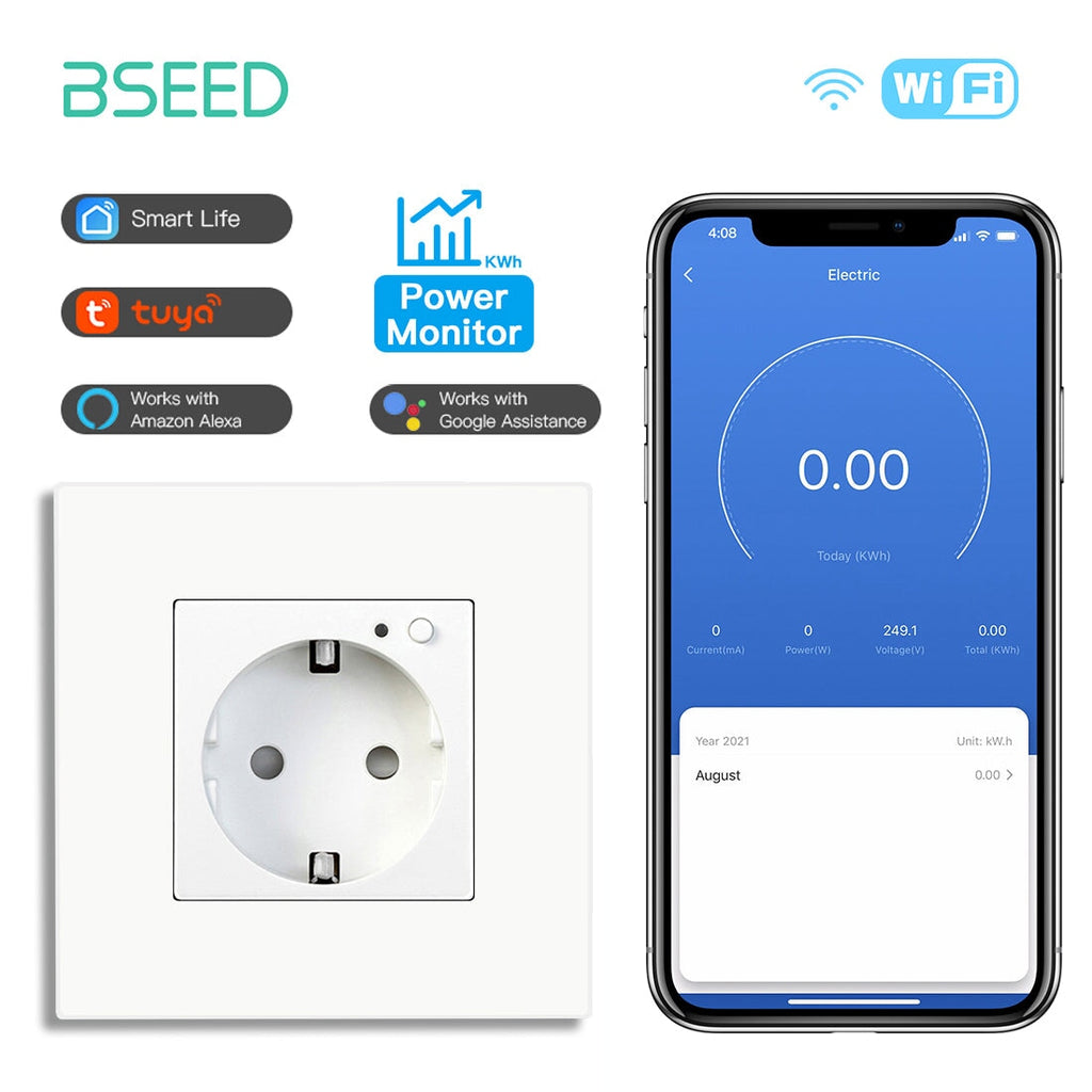 Bseed Wifi EU Wall Sockets With Energy Monitoring PC Panel Power Outlets & Sockets Bseedswitch White Signle 