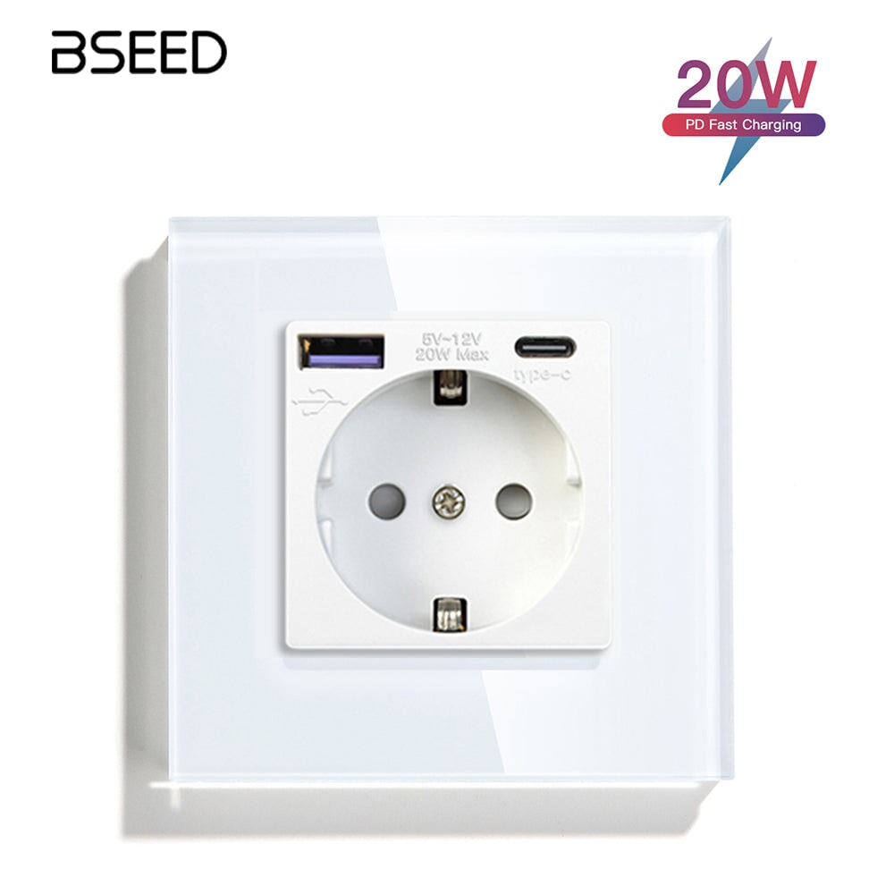 BSEED EU sockets with 20W PD Fast Charge Type-C Interface Outlet Wall Socket Power Outlets & Sockets Bseedswitch White Signle 
