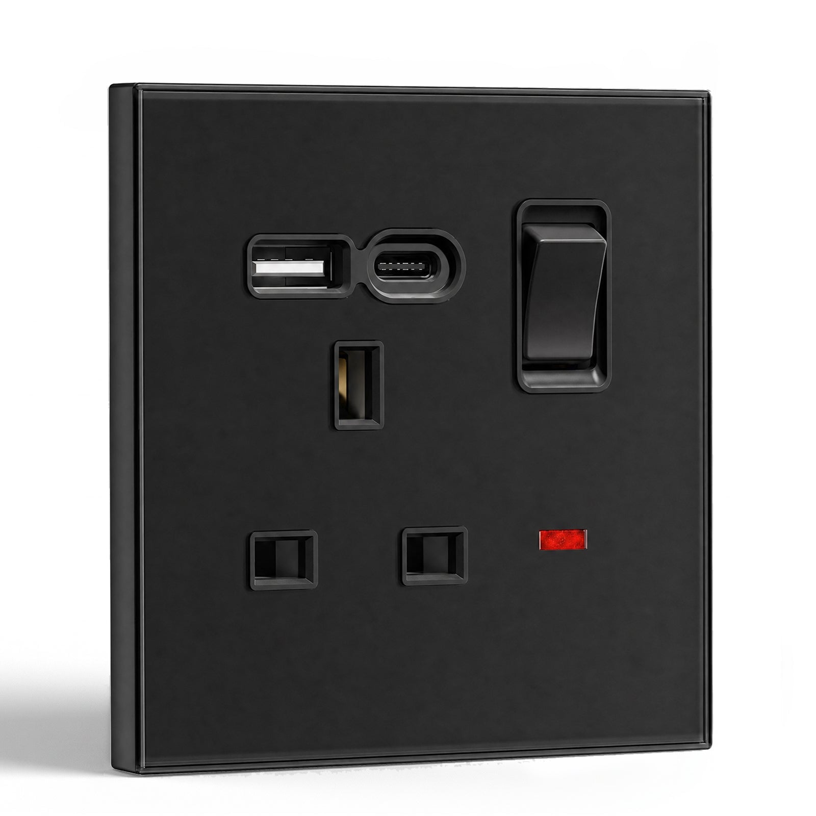Tomada de 13A padrão Reino Unido da série BSEED C6 com porta USB-C, tomadas e interruptores, cor preta, 1 unidade/embalagem, tomada simples