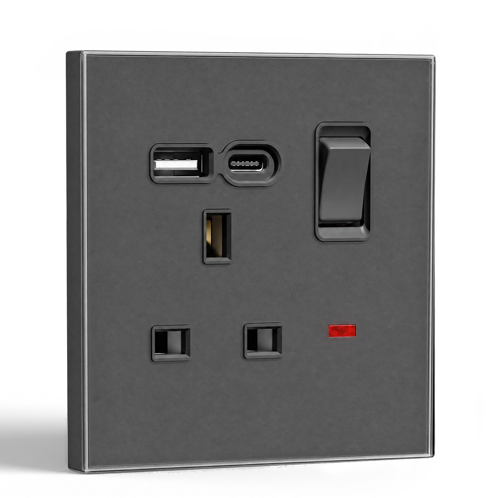 Tomada de 13A padrão Reino Unido da série BSEED C6 com porta USB-C, tomadas e interruptores, cinzento, 1 unidade/embalagem, tomada simples