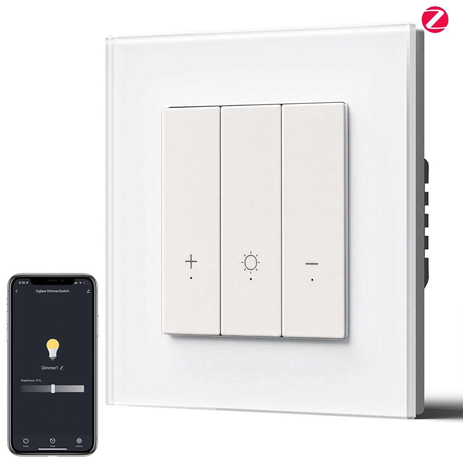Bseed Echo Smart Zigbee Light Dimmer Switch 1 Gang Wireless Wifi For Smart Home Supports dual control Wall Plates & Covers Bseedswitch White Glass 
