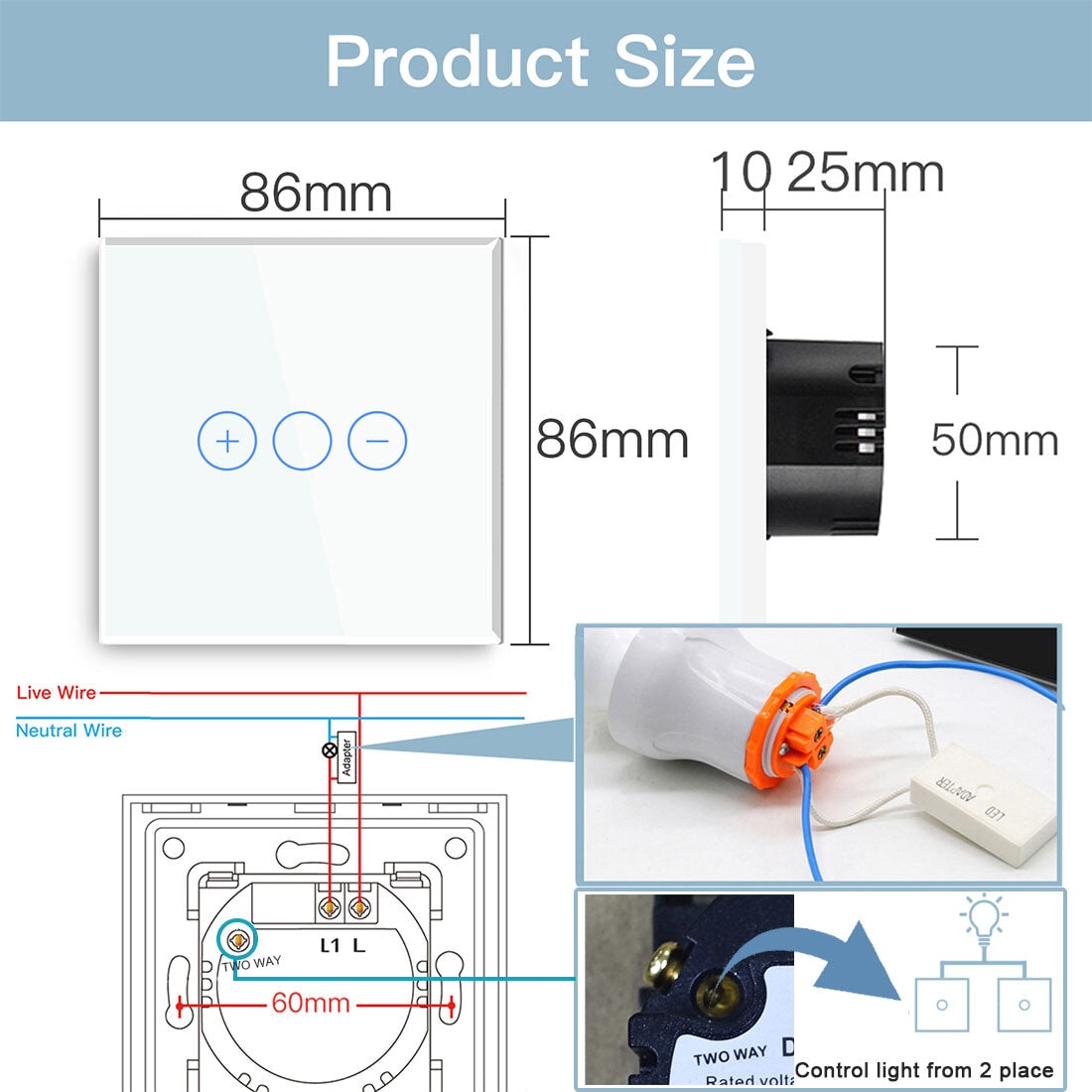 BSEED 2Pieces 1Gang 2Way Touch Dimmer Wall Switches EU Standard Crystal Panel Light Switches Bseedswitch 