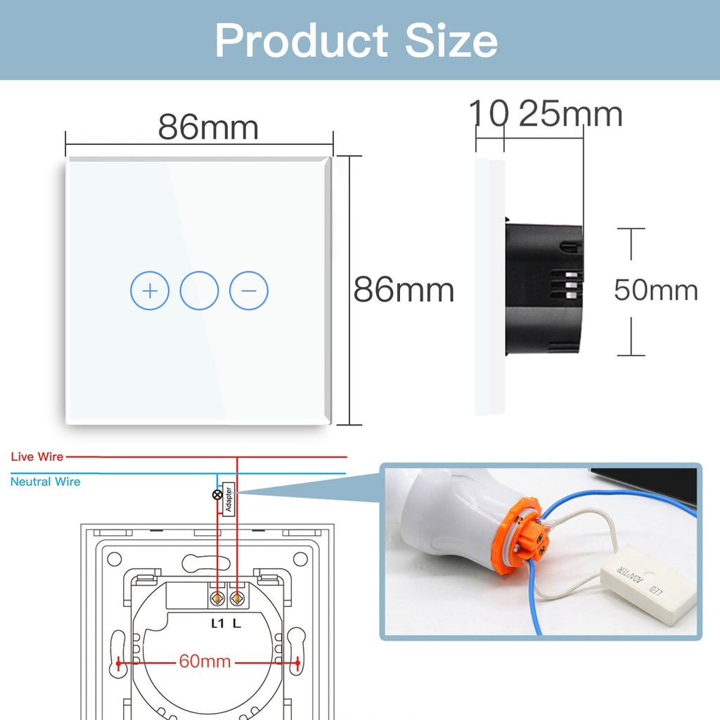 Bseed EU Standard Touch Sensor Dimmer Switch 1Gang 1Way Crystal Glass ...