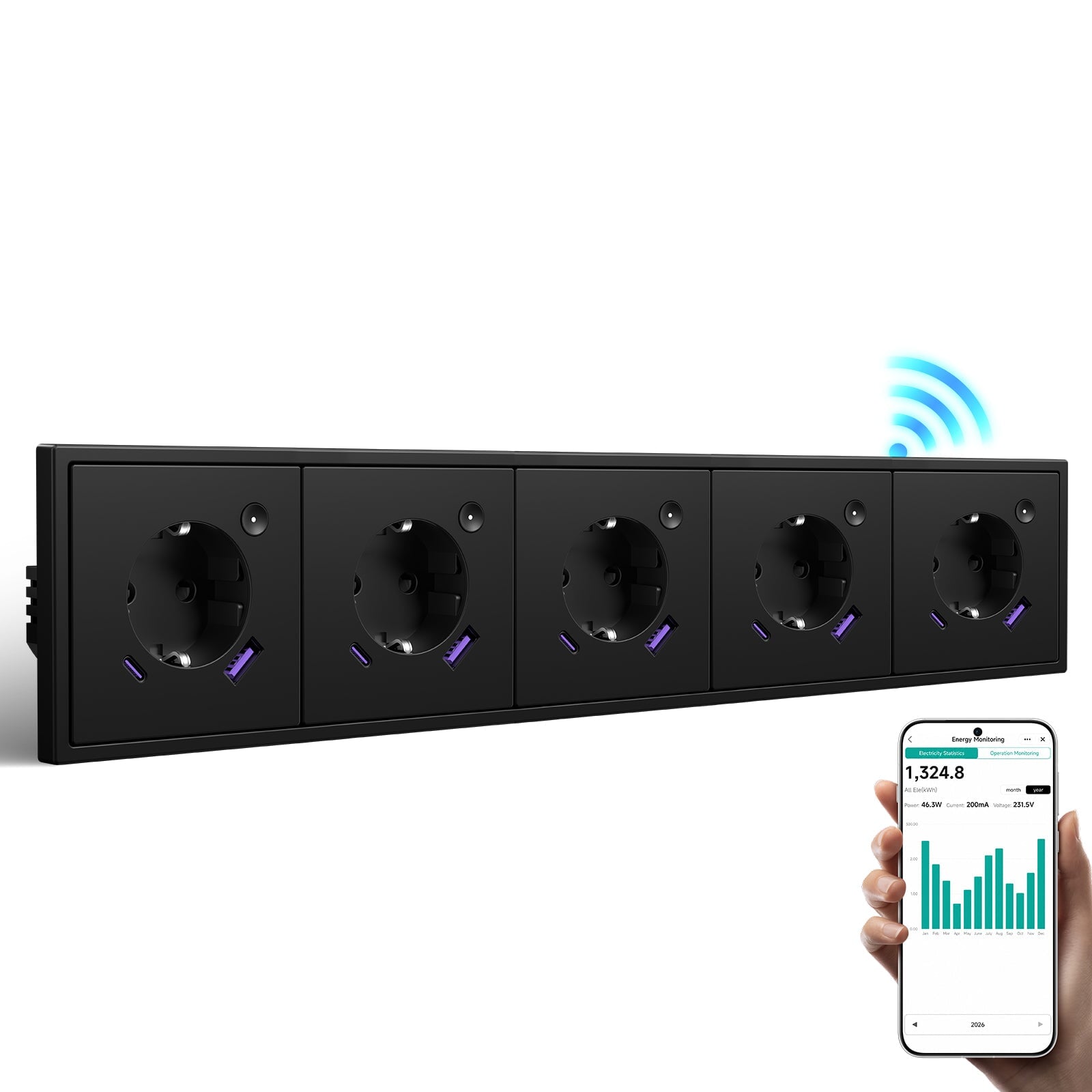BSEED Grand Smart Wifi Socket With Energy Monitoring 20W USB-C Port Eu Socket Work with Alexa Google Power Outlets & Sockets Bseed official Black Quintuple 