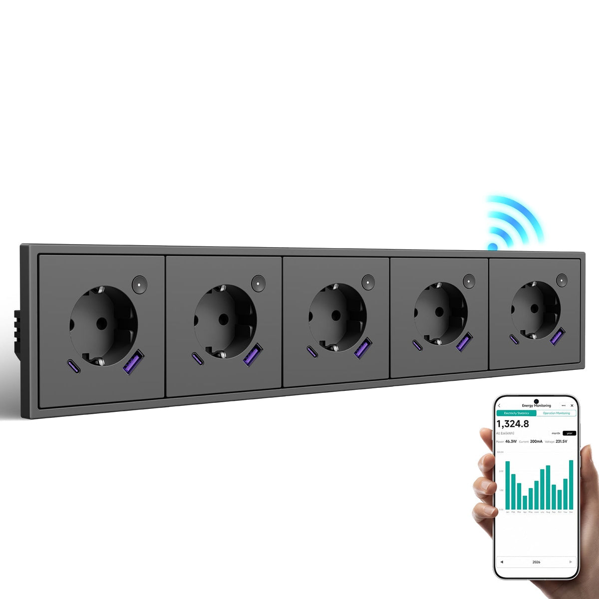 BSEED Grand Smart Wifi Socket With Energy Monitoring 20W USB-C Port Eu Socket Work with Alexa Google Power Outlets & Sockets Bseed official Grey Quintuple 