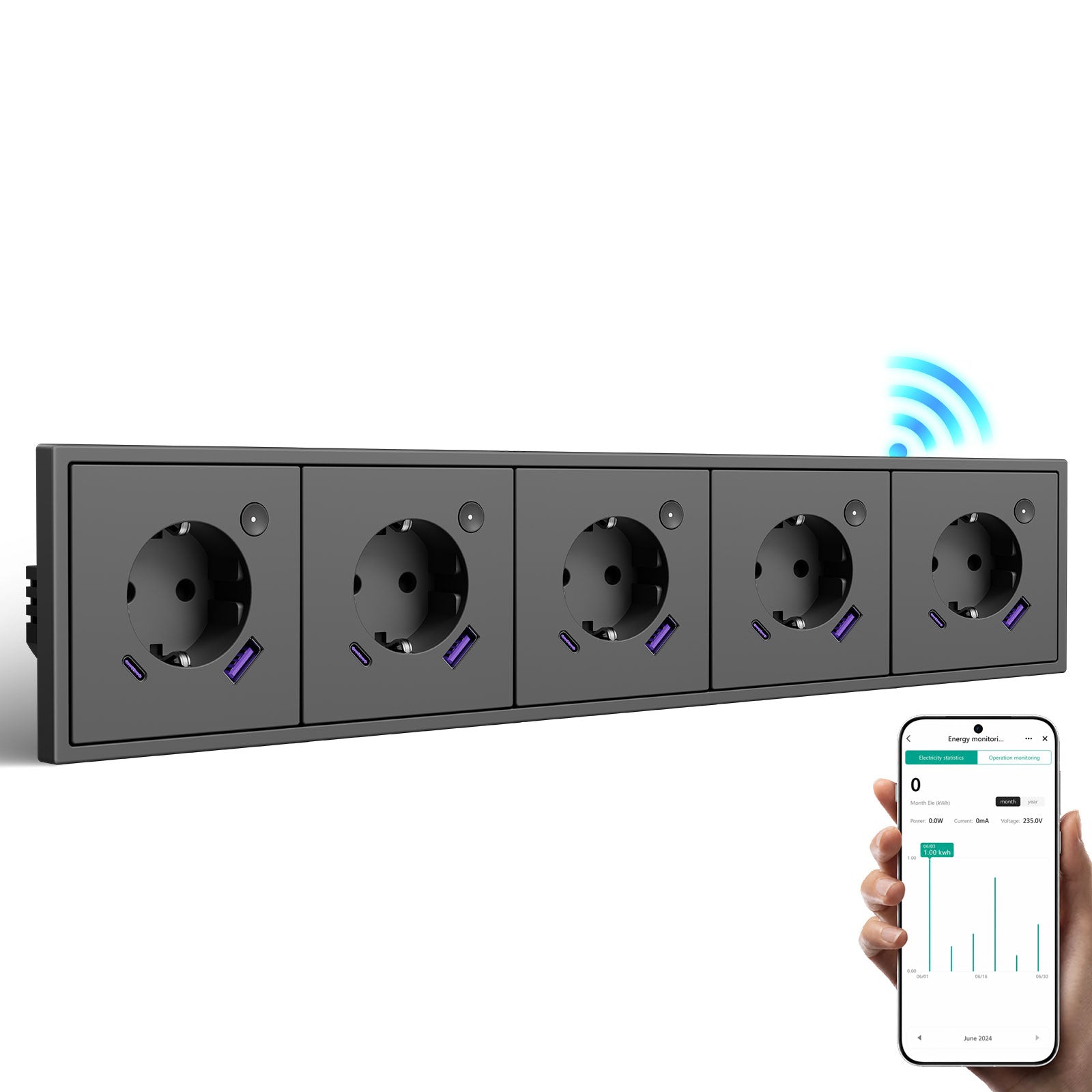 BSEED Intelligente WLAN-Steckdose mit Energiemessung, 20W USB-C Anschluss, EU-Steckdose, kompatibel mit Alexa & Google Home