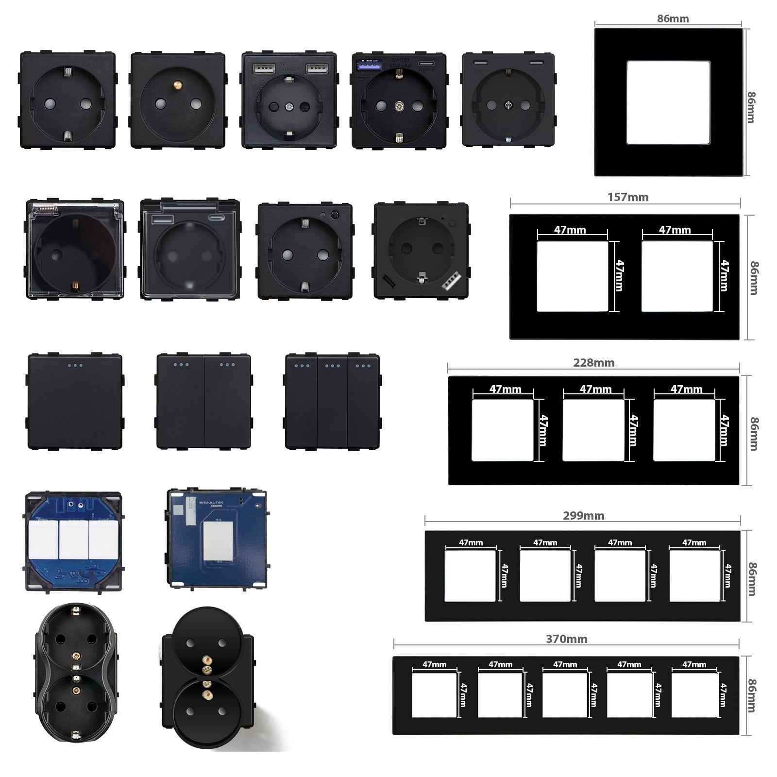Bseed Crystal Glass Frame Smart Switch Socket Frame Wall Eclectic power socket Wall Plug Function Parts DIY Free Combination Black Color Power Outlets & Sockets Bseedswitch 