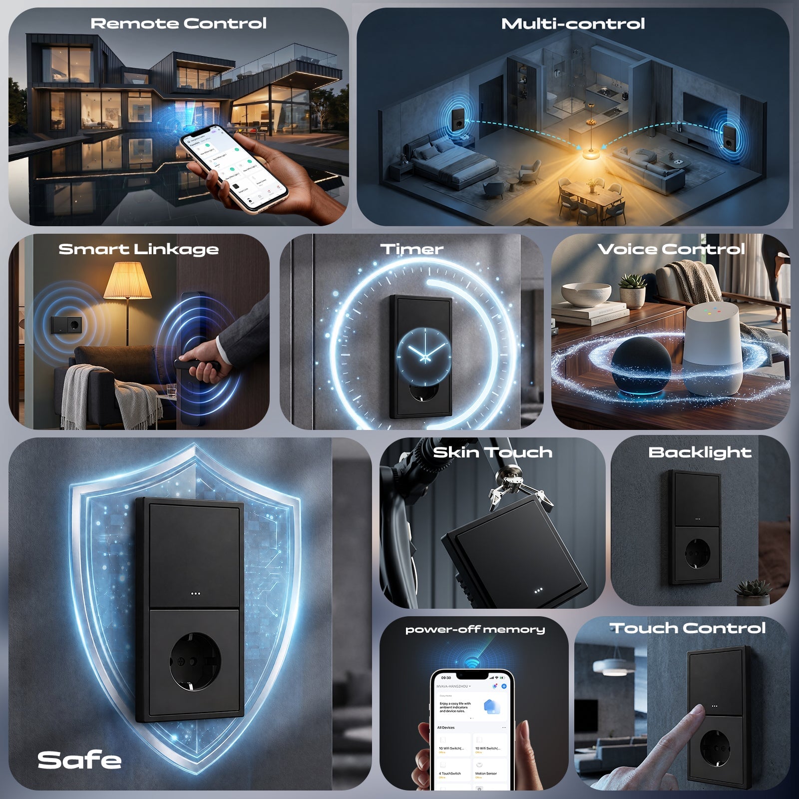 BSEED Gand Series Smart Wifi Light Switch (With Neutral) Recessed light switches with Normal Eu Socket Light Switches Bseedswitch 