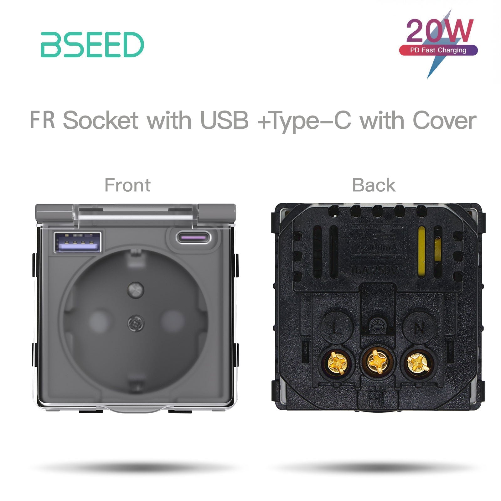 Bseed Crystal Glass Frame Smart Switch Socket Frame USB RJ45 Socket TV Satellite Wall Plug Function Parts DIY Free Combination Grey Color socket Bseedswitch Fr Socket with Cover with` 20w USB +Type-c 