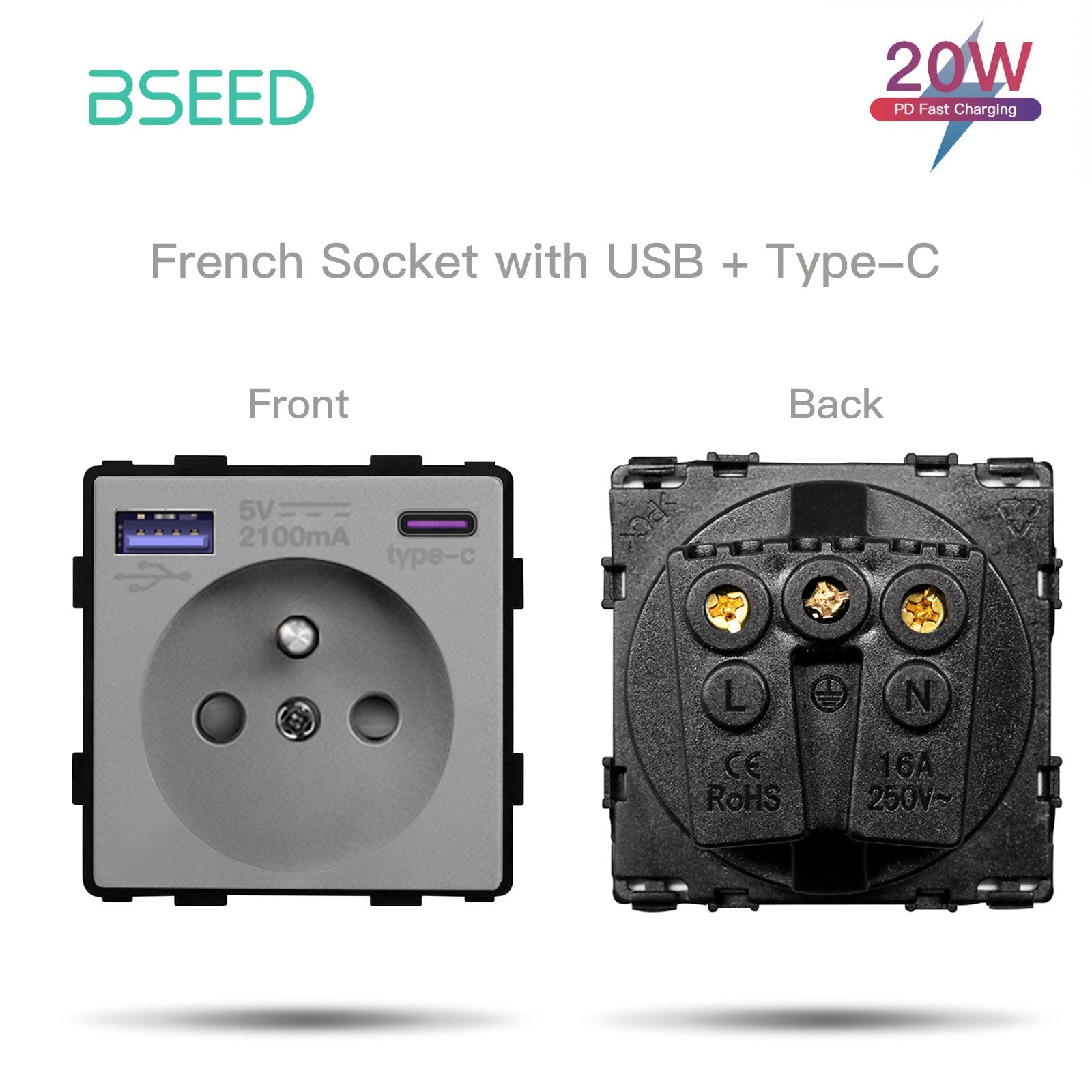 Bseed Crystal Glass Frame Smart Switch Socket Frame USB RJ45 Socket TV Satellite Wall Plug Function Parts DIY Free Combination Grey Color socket Bseedswitch FR Socket with 20w USB +Type-c 