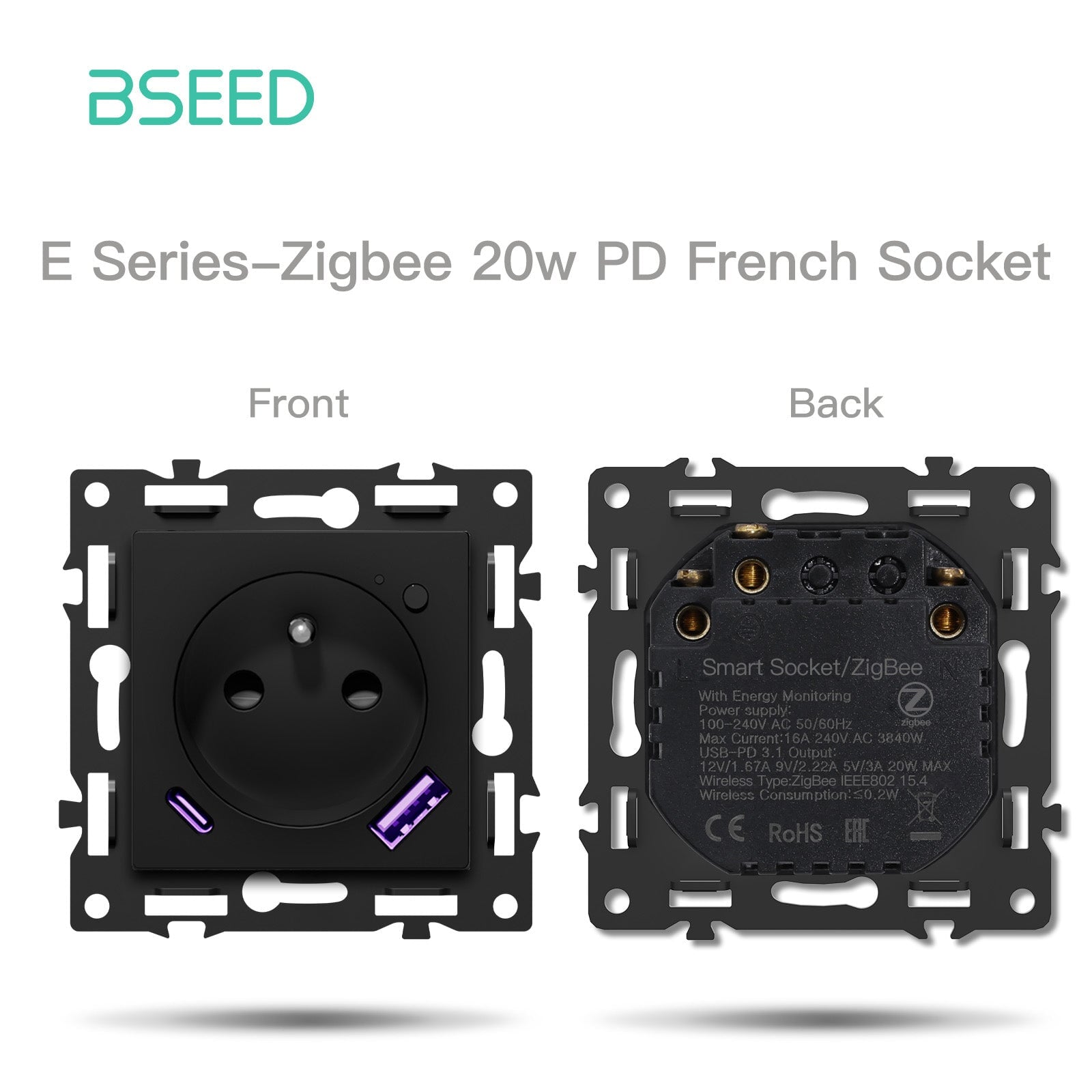 BSEED DIY Part Customized Free Combinations Mechanical Switch Socket Insert Black Color Crystal Glass Panel Light Switches Bseedswitch Zigbee FR Socket with Monitoring with 20W USB-C 