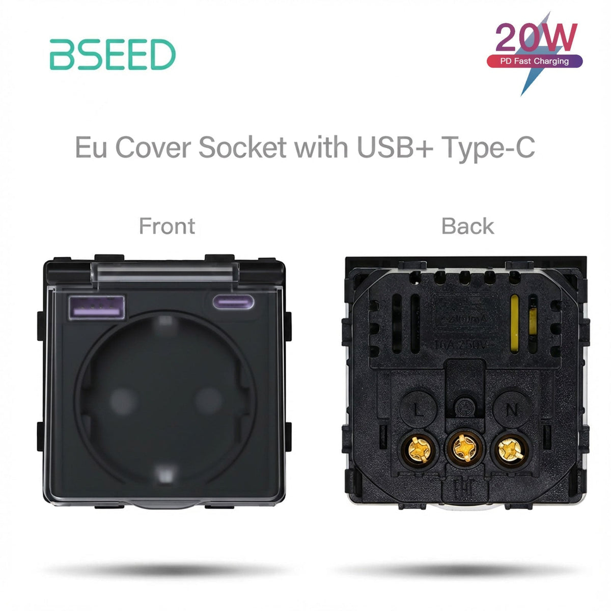 Bseed Crystal Glass Frame Smart Switch Socket Frame USB RJ45 Socket TV Satellite Wall Plug Function Parts DIY Free Combination Black Color Power Outlets & Sockets Bseedswitch Eu Socket with Cover +20W USB+Type-c 