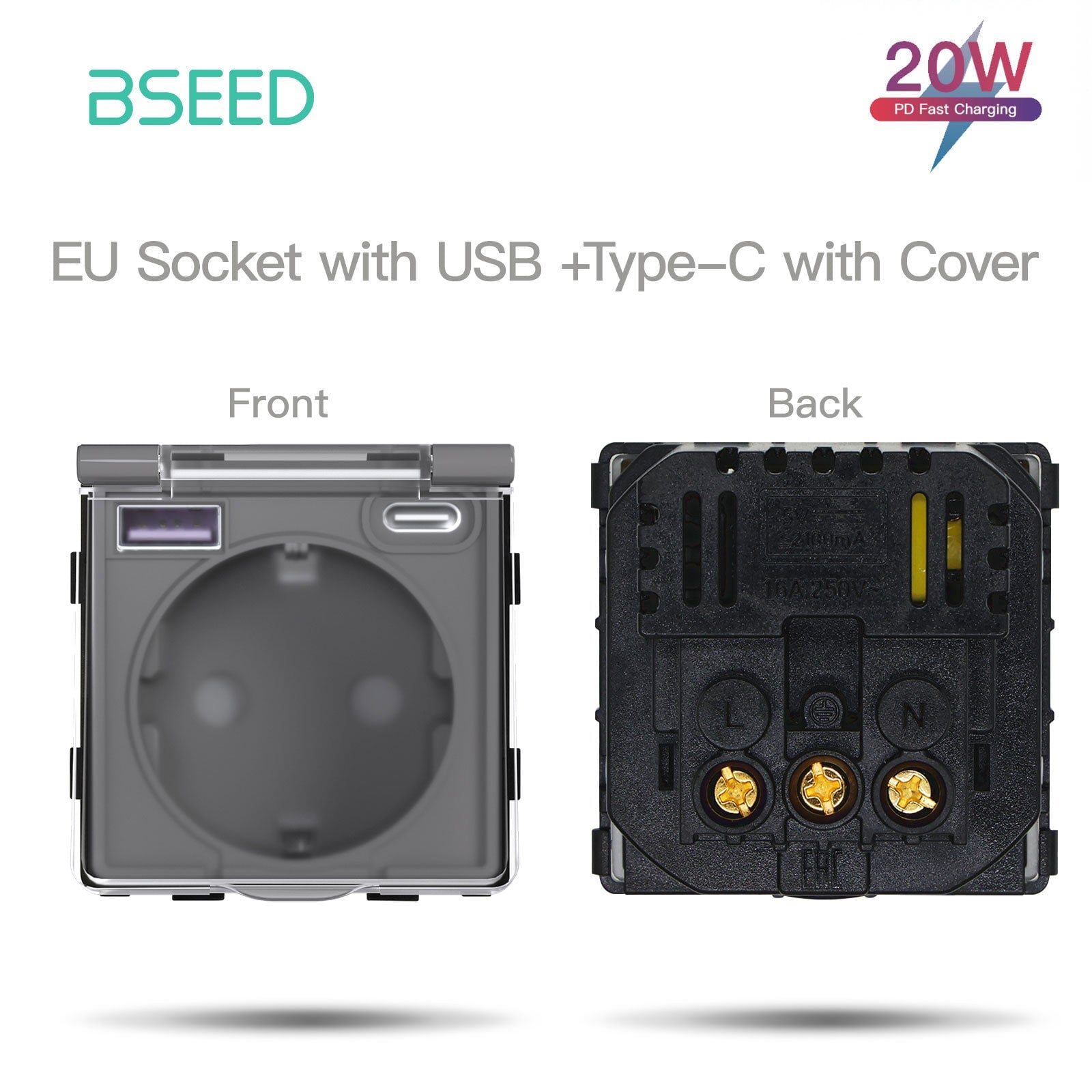 Bseed Crystal Glass Frame Smart Switch Socket Frame USB RJ45 Socket TV Satellite Wall Plug Function Parts DIY Free Combination Grey Color socket Bseedswitch Eu Socket with Cover with` 20w USB +Type-c 