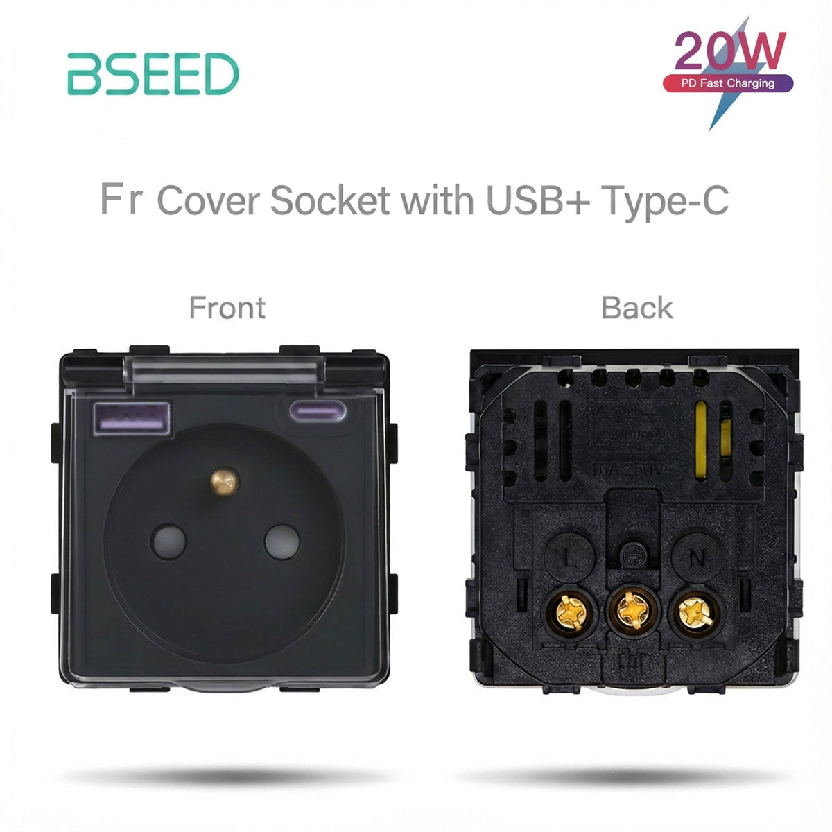 Bseed Crystal Glass Frame Smart Switch Socket Frame USB RJ45 Socket TV Satellite Wall Plug Function Parts DIY Free Combination Black Color Power Outlets & Sockets Bseedswitch FR Socket with Cover +20W USB+Type-c 