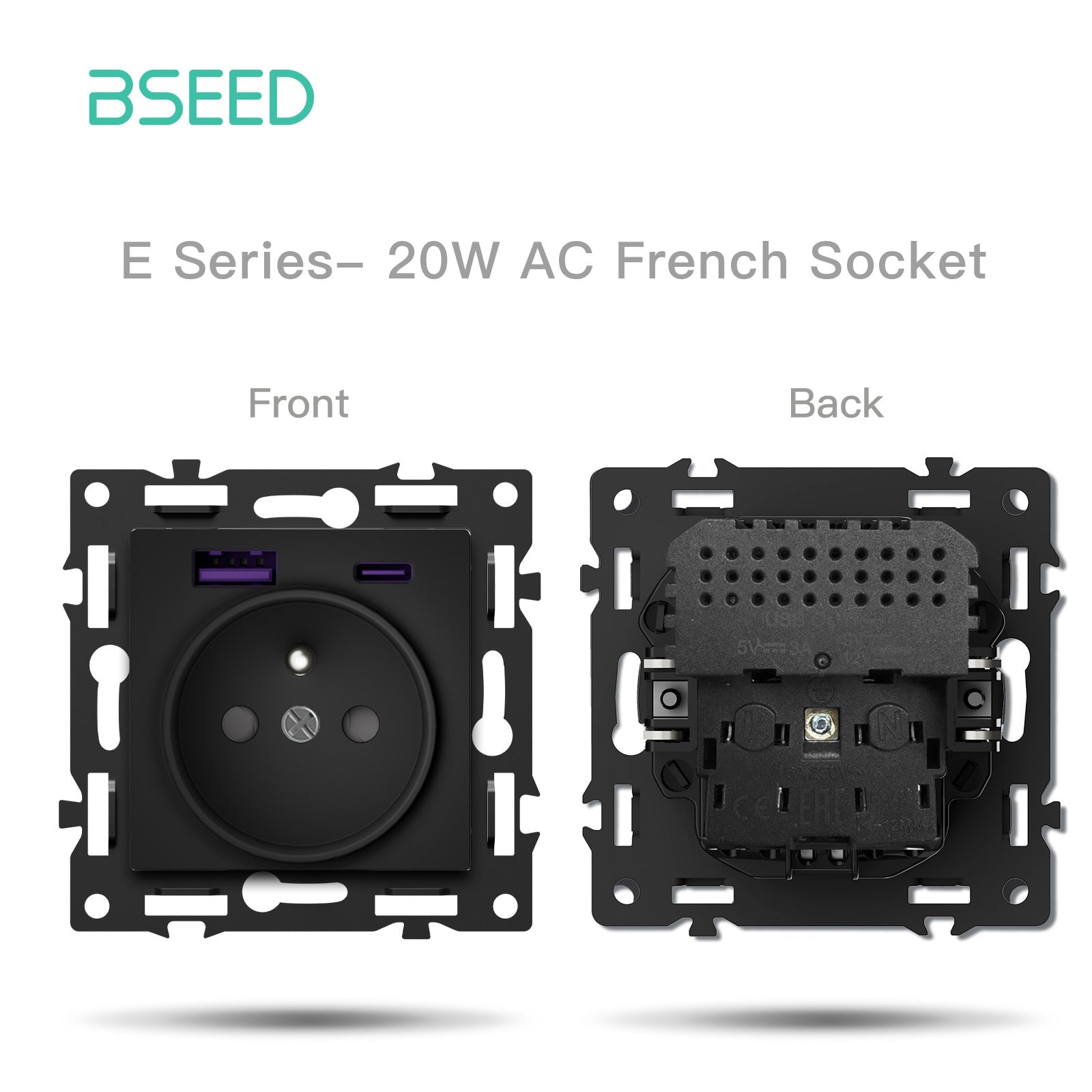 BSEED DIY-Teil, individuell kombinierbar, mechanischer Schalter- und Steckdoseneinsatz, schwarzes Kristallglas-Panel, Lichtschalter, Bseedswitch FR-Steckdose mit 20W AC 