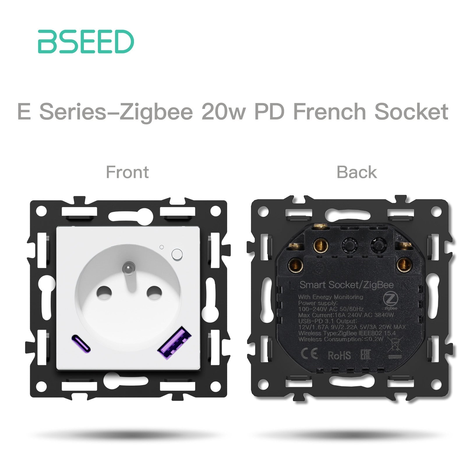 Interruptor e tomada inteligentes Zigbee da série Click, peça DIY para combinações personalizadas, painel de vidro cristal branco, interruptor de luz Bseed e tomada francesa Zigbee com monitorização de energia e 20W AC 