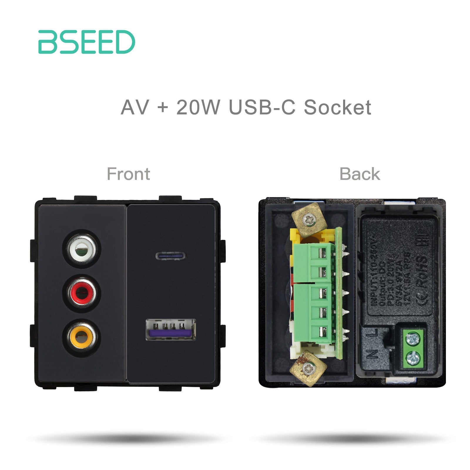 Bseed EU UK Russia Standard Plastic Socket Button Switch Function Key DIY Home Improvement Wall Plates & Covers Bseedswitch Black AV1 with USB-C Function Key 