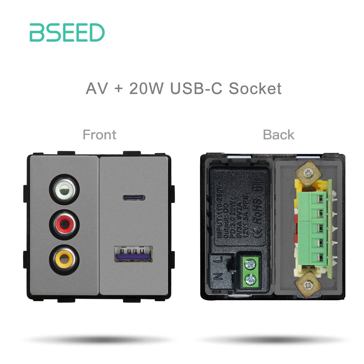 Bseed EU UK Russie Standard Prise Plastique Bouton Interrupteur Touche de Fonction DIY Amélioration de l'Habitat Plaques Murales & Couvercles Bseedswitch Gris AV1 avec Touche de Fonction USB-C 