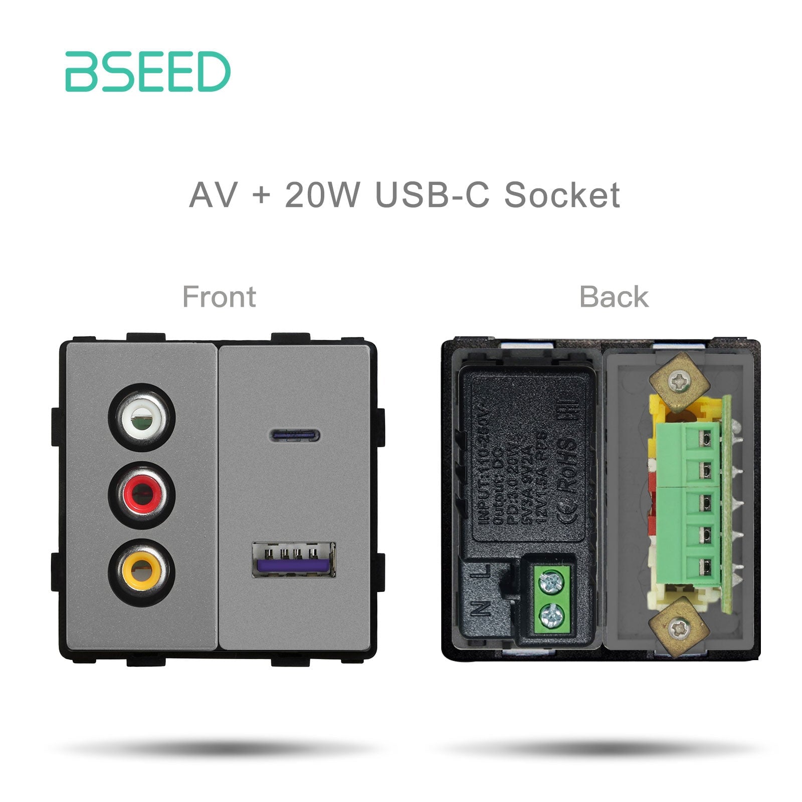 Bseed EU UK Russia Standard Plastic Socket Button Switch Function Key DIY Home Improvement Wall Plates & Covers Bseedswitch Grey AV1 with USB-C Function Key 