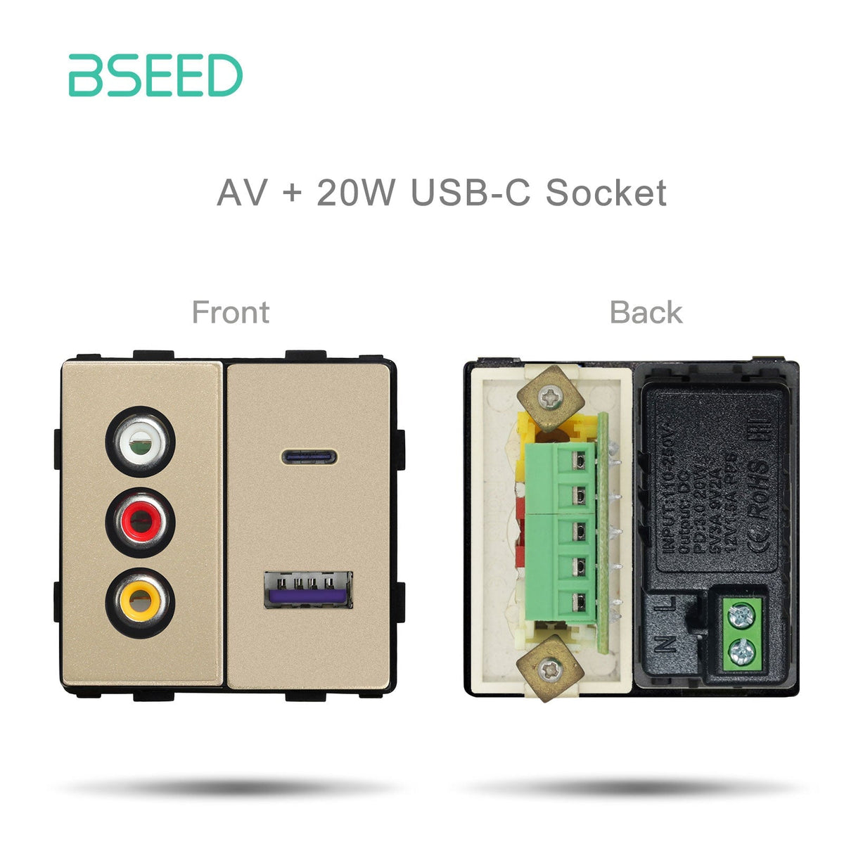 Bseed Prise standard UE/UK/Russie, interrupteur à bouton, touche de fonction, bricolage, plaques et couvercles muraux pour la maison, Bseedswitch doré AV1 avec touche de fonction USB-C 