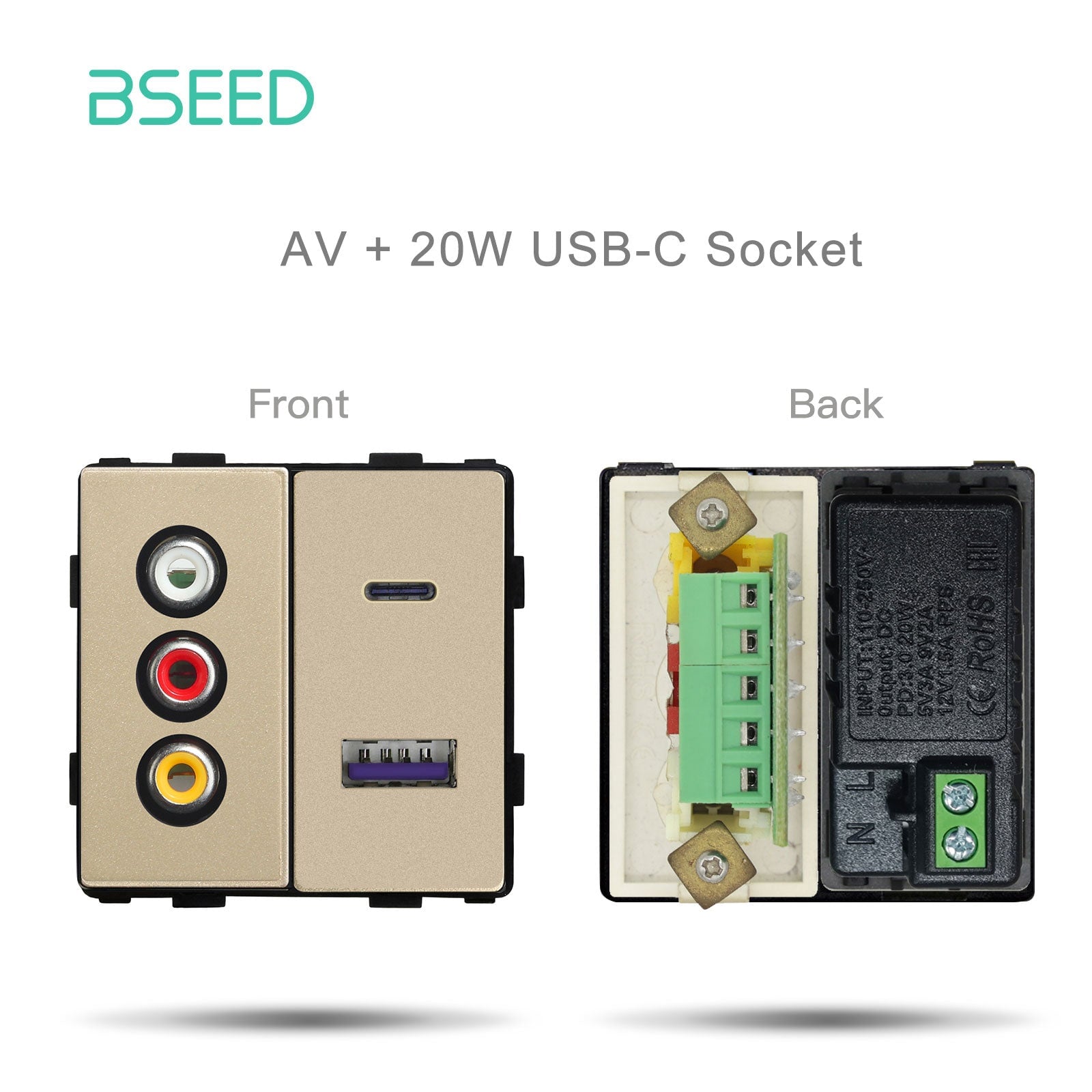 Bseed EU UK Russia Standard Plastic Socket Button Switch Function Key DIY Home Improvement Wall Plates & Covers Bseedswitch Gold AV1 with USB-C Function Key 
