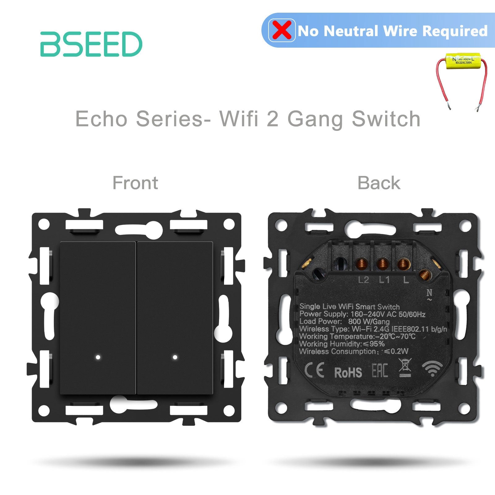 Interruptor inteligente WiFi Bseed de la serie Click, pieza de bricolaje con combinaciones personalizadas, inserto de enchufe, panel de cristal negro, interruptor WiFi 2 Gang sin cable neutro 
