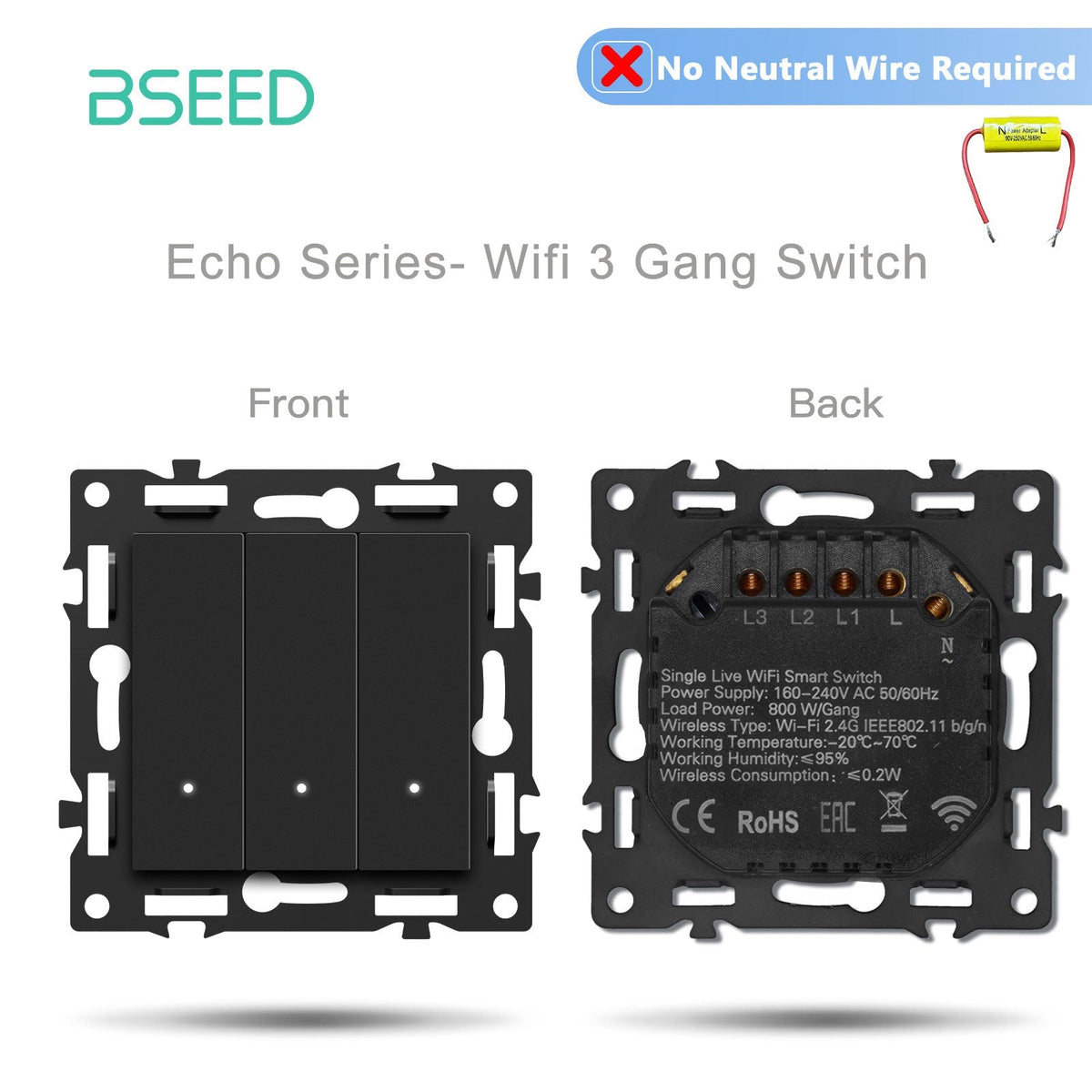 Interruttore Smart Wifi Bseed, serie Click, componente fai-da-te con combinazioni personalizzabili, inserto presa, pannello in vetro cristallo nero, interruttore 3 Gang Wifi senza filo neutro 