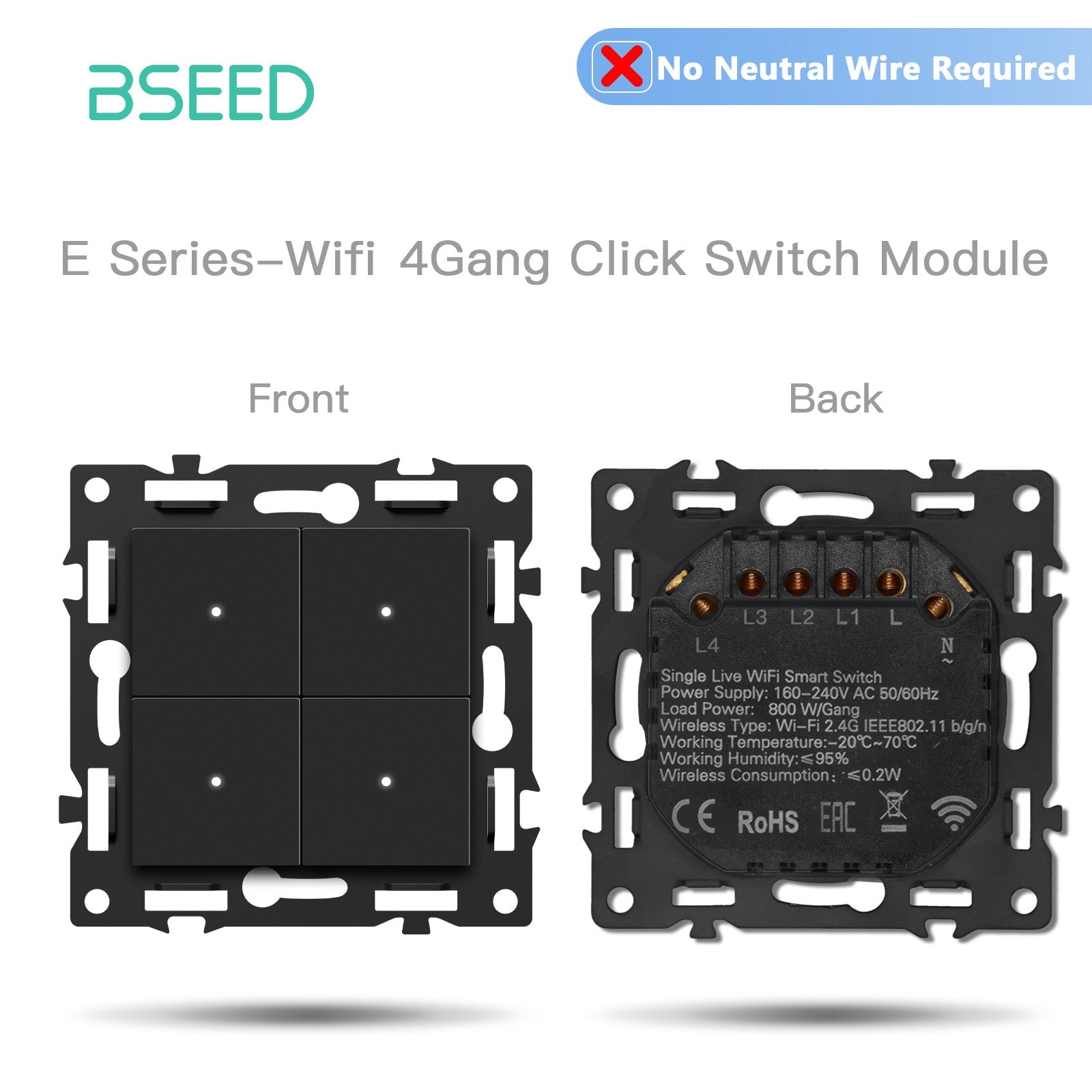 BSEED DIY Part Customized Free Combinations Mechanical Switch Socket Insert Black Color Crystal Glass Panel Light Switches Bseedswitch Wifi 4 Gang Switch No Neutral 