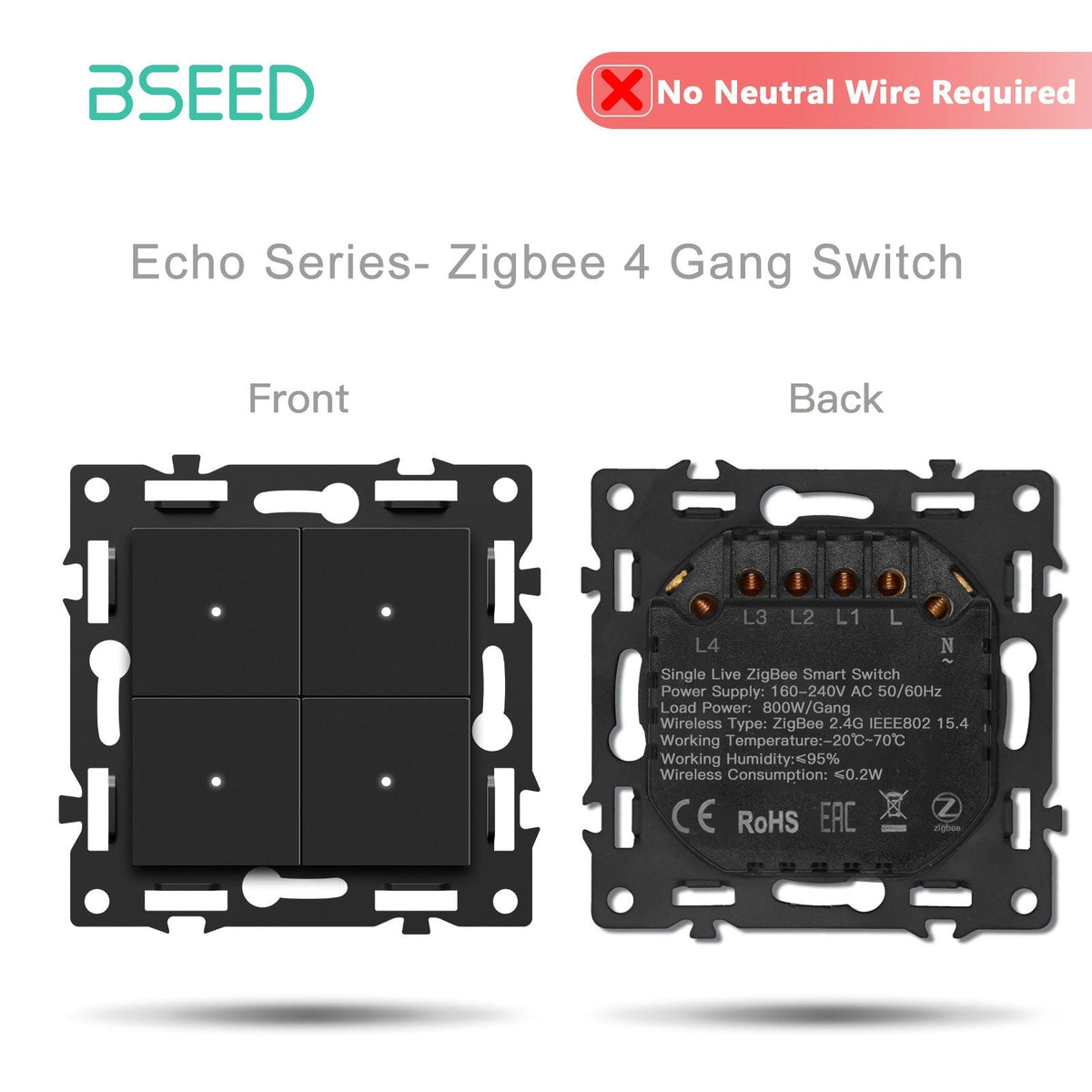 Interruttore smart Zigbee Echo Click Bseed, modulo per presa, componente fai-da-te, combinazioni personalizzabili, pannello in vetro cristallo nero, interruttore luce Zigbee a 4 vie, senza filo neutro. 
